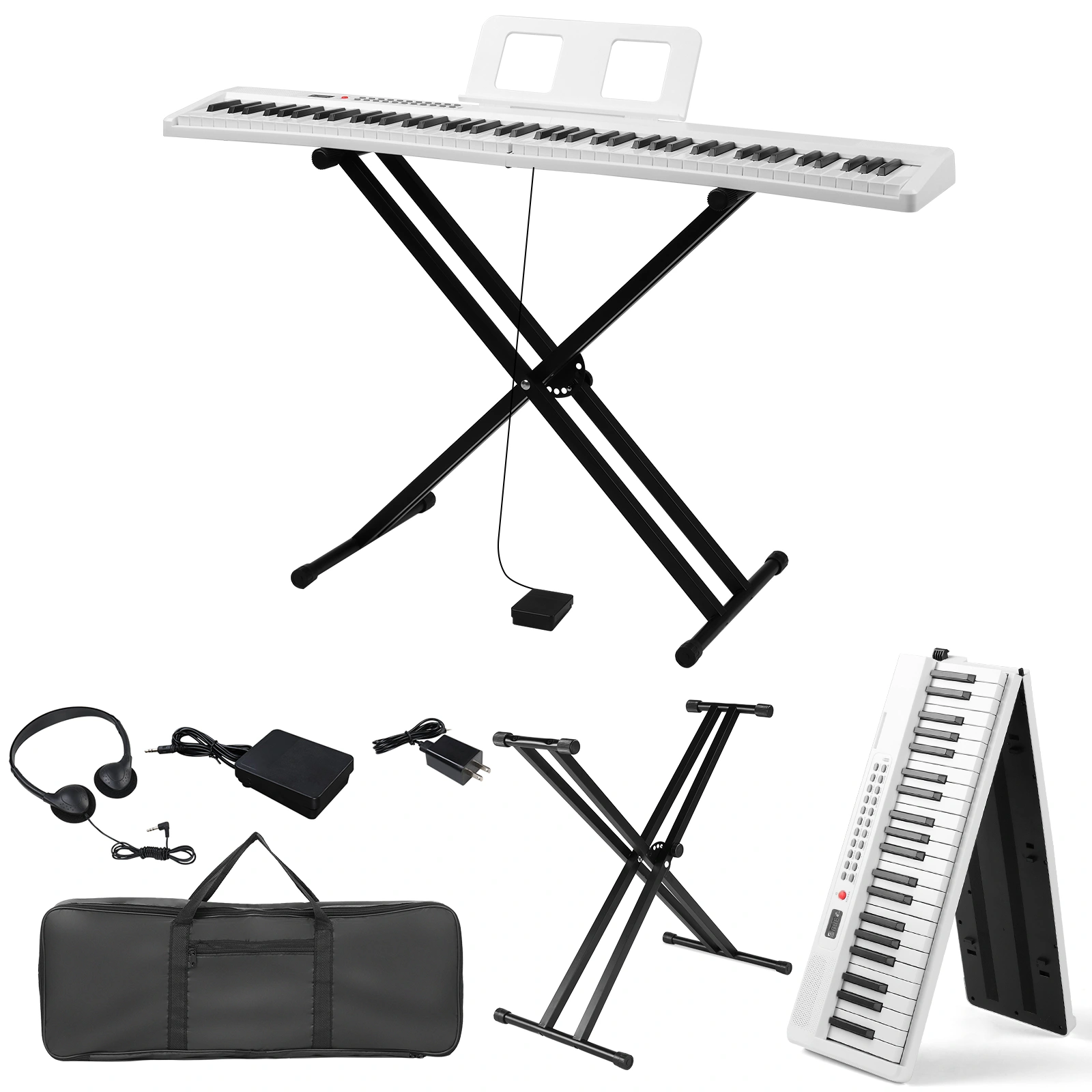 88 Key Folding Digital Piano Semi-Weighted Keys with X-Shape Stand, MIDI Bluetooth, Headphone & Handbag, White