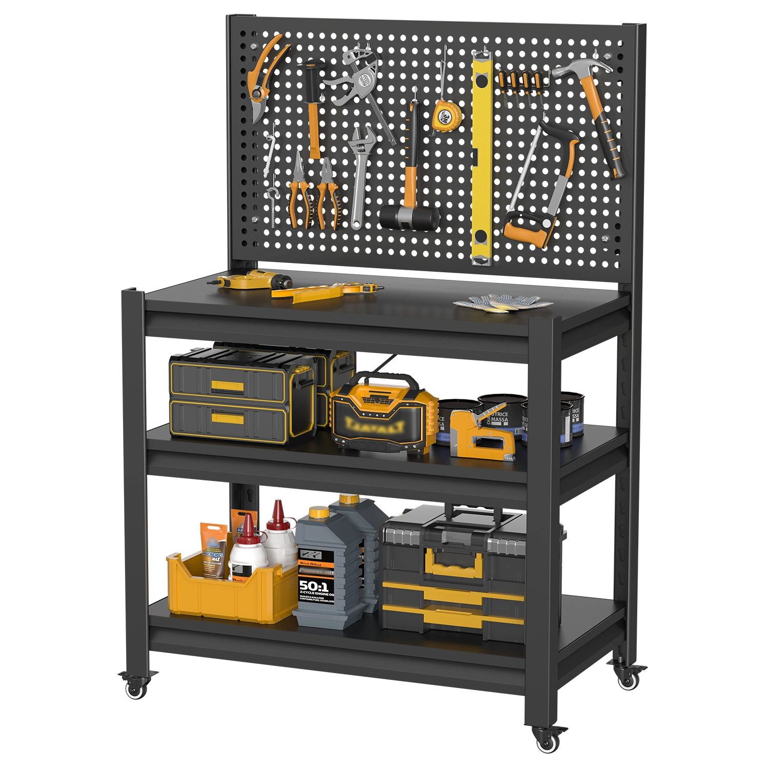 Work Bench with Pegboard 3000lbs Capacity Workbench Wheels Adjustable Shelves Tool Cart Garage Warehouse 47.2"H x 33.46"W x 18"D