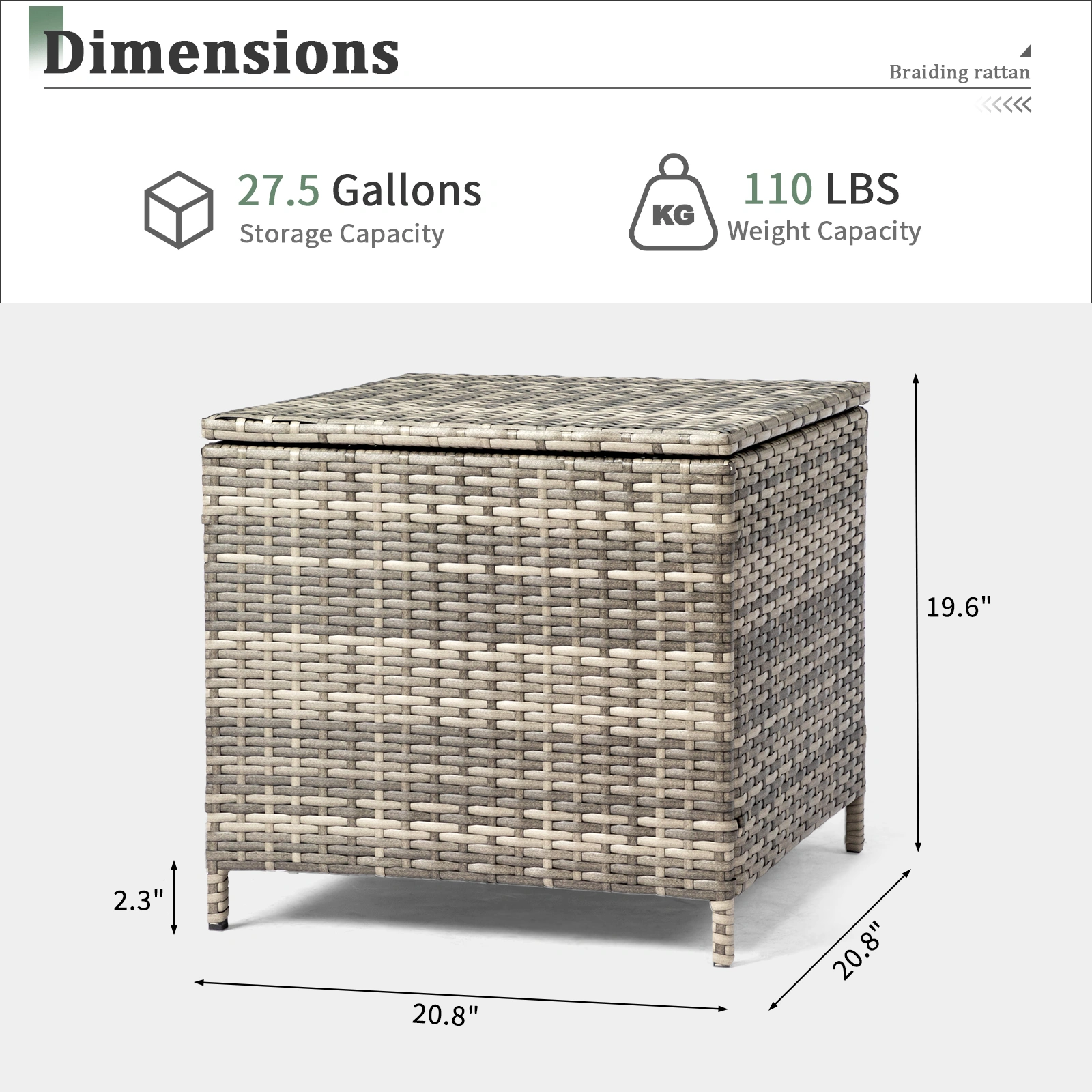 Grey PE Wicker Side Table with Storage, Outdoor Patio Rattan End Table Square