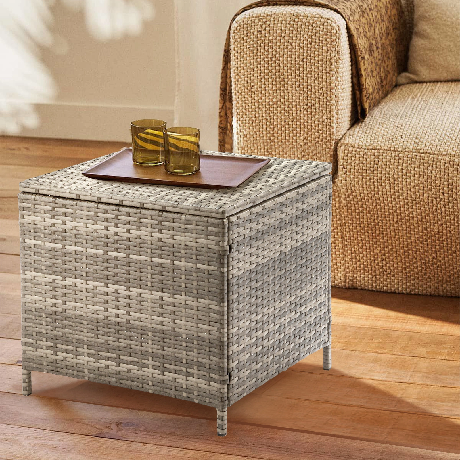 Grey PE Wicker Side Table with Storage, Outdoor Patio Rattan End Table Square view 10