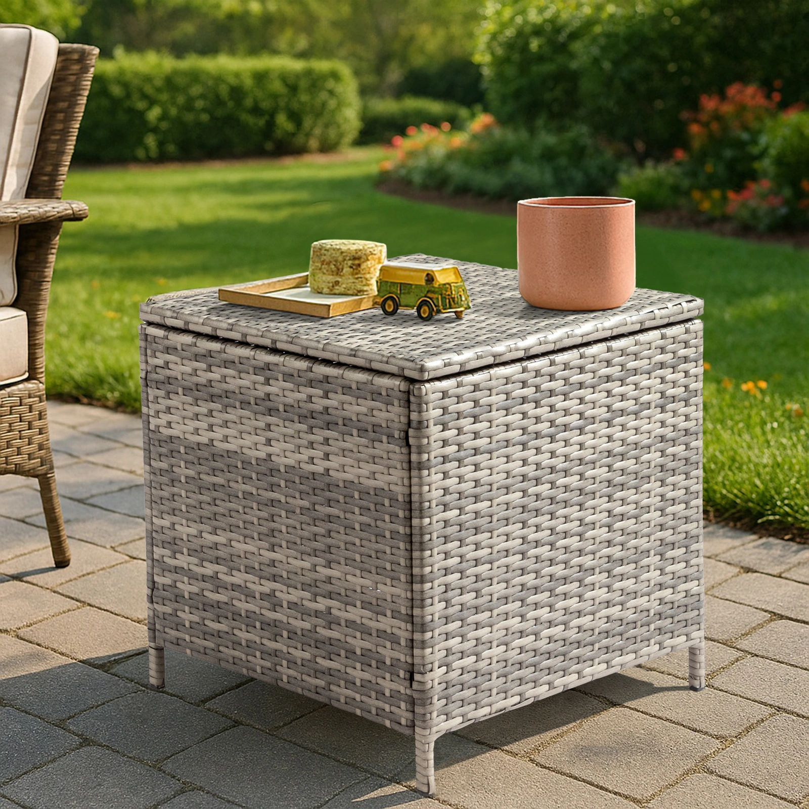 Grey PE Wicker Side Table with Storage, Outdoor Patio Rattan End Table Square view 11