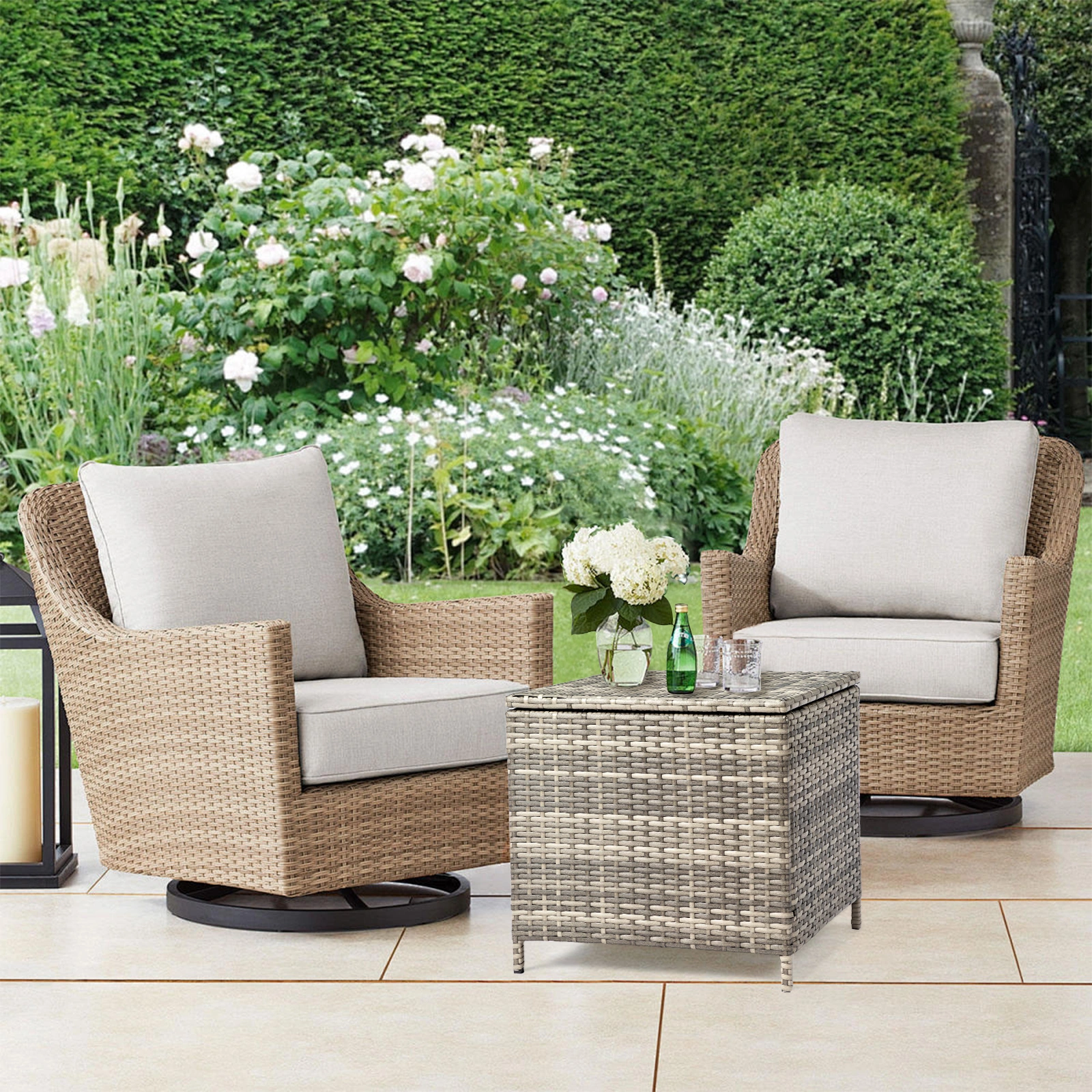 Grey PE Wicker Side Table with Storage, Outdoor Patio Rattan End Table Square view 12