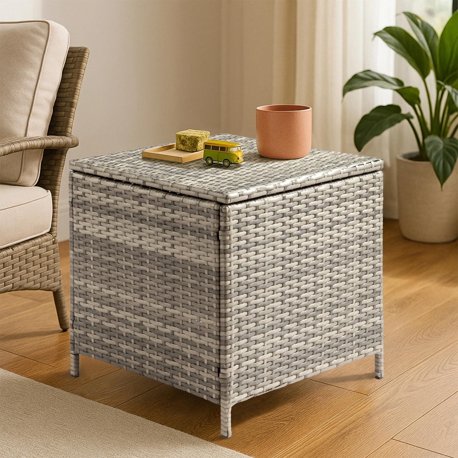 Grey PE Wicker Side Table with Storage, Outdoor Patio Rattan End Table Square view 13