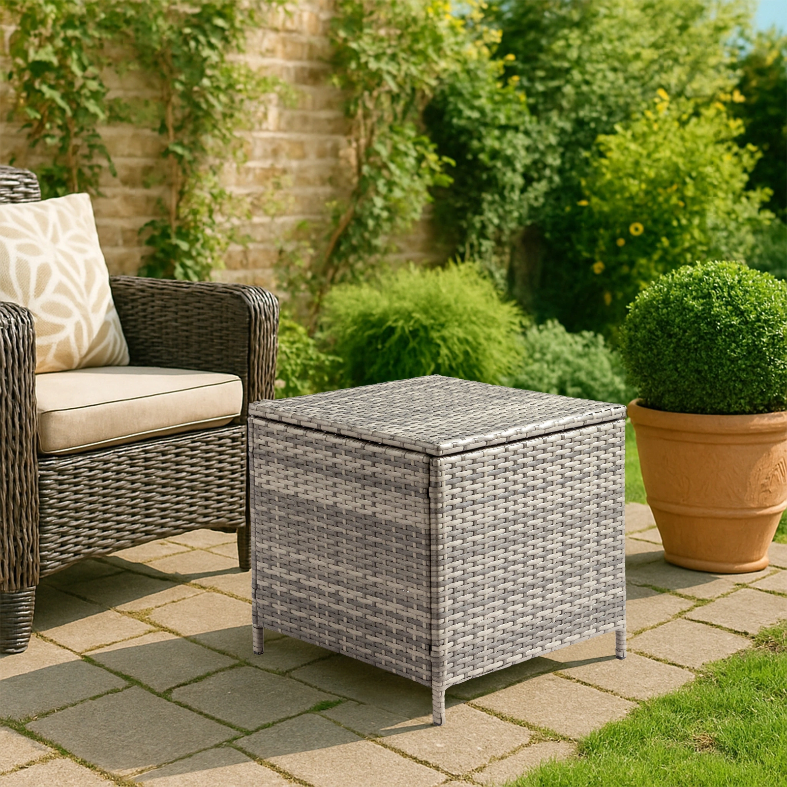 Grey PE Wicker Side Table with Storage, Outdoor Patio Rattan End Table Square view 14