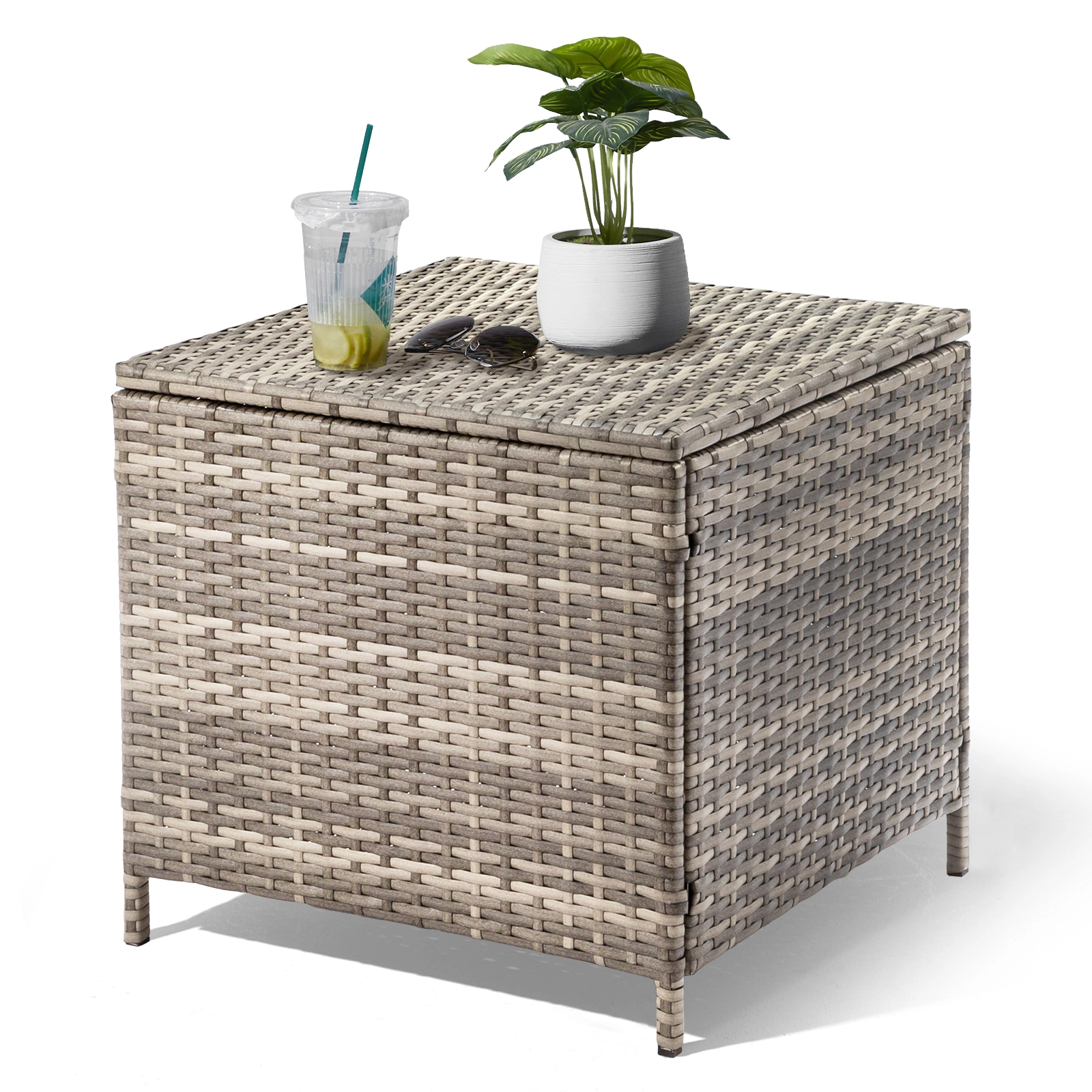Grey PE Wicker Side Table with Storage, Outdoor Patio Rattan End Table Square view 4