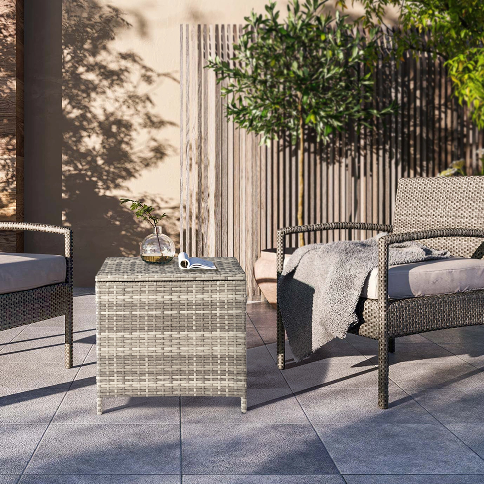 Grey PE Wicker Side Table with Storage, Outdoor Patio Rattan End Table Square view 7