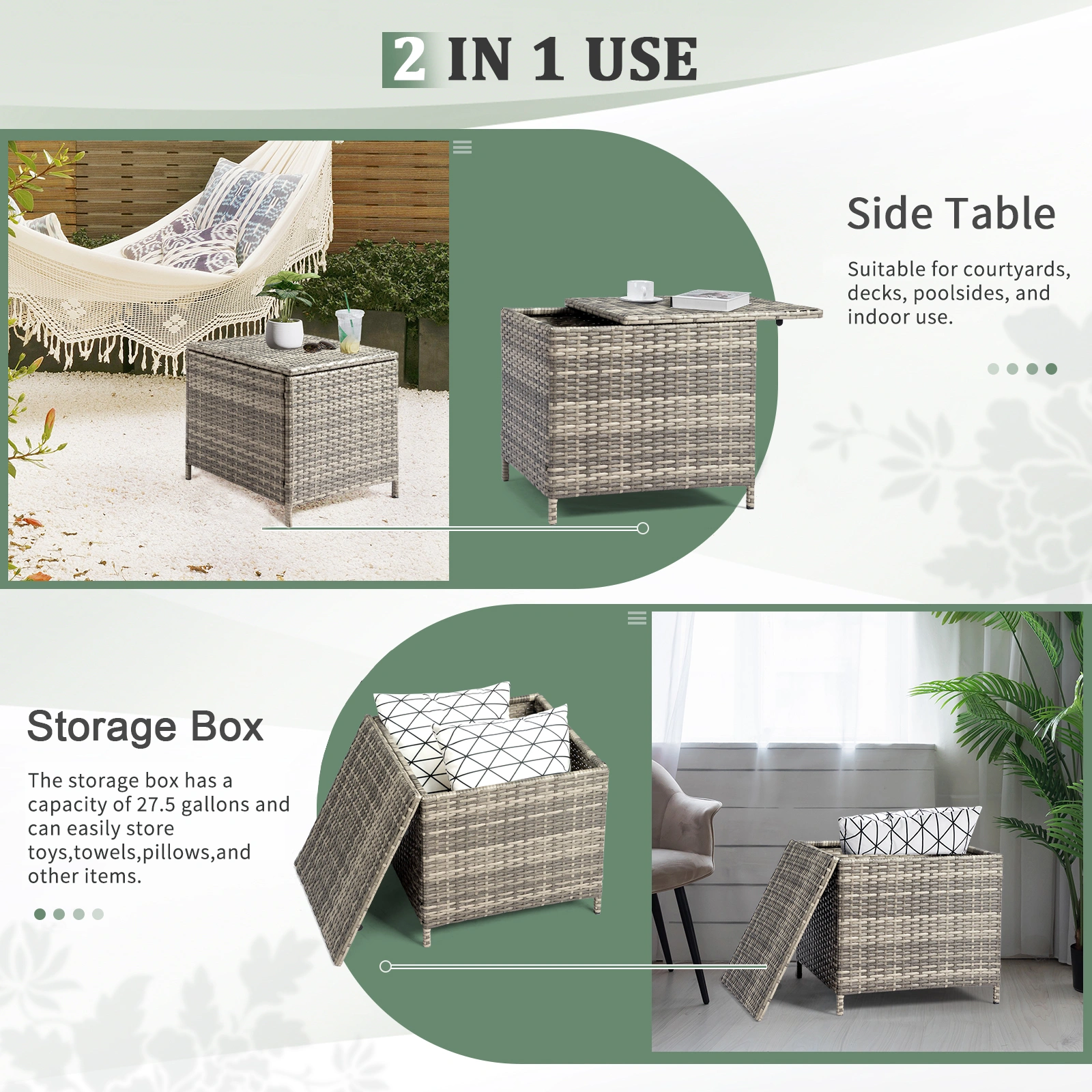 Grey PE Wicker Side Table with Storage, Outdoor Patio Rattan End Table Square view 8
