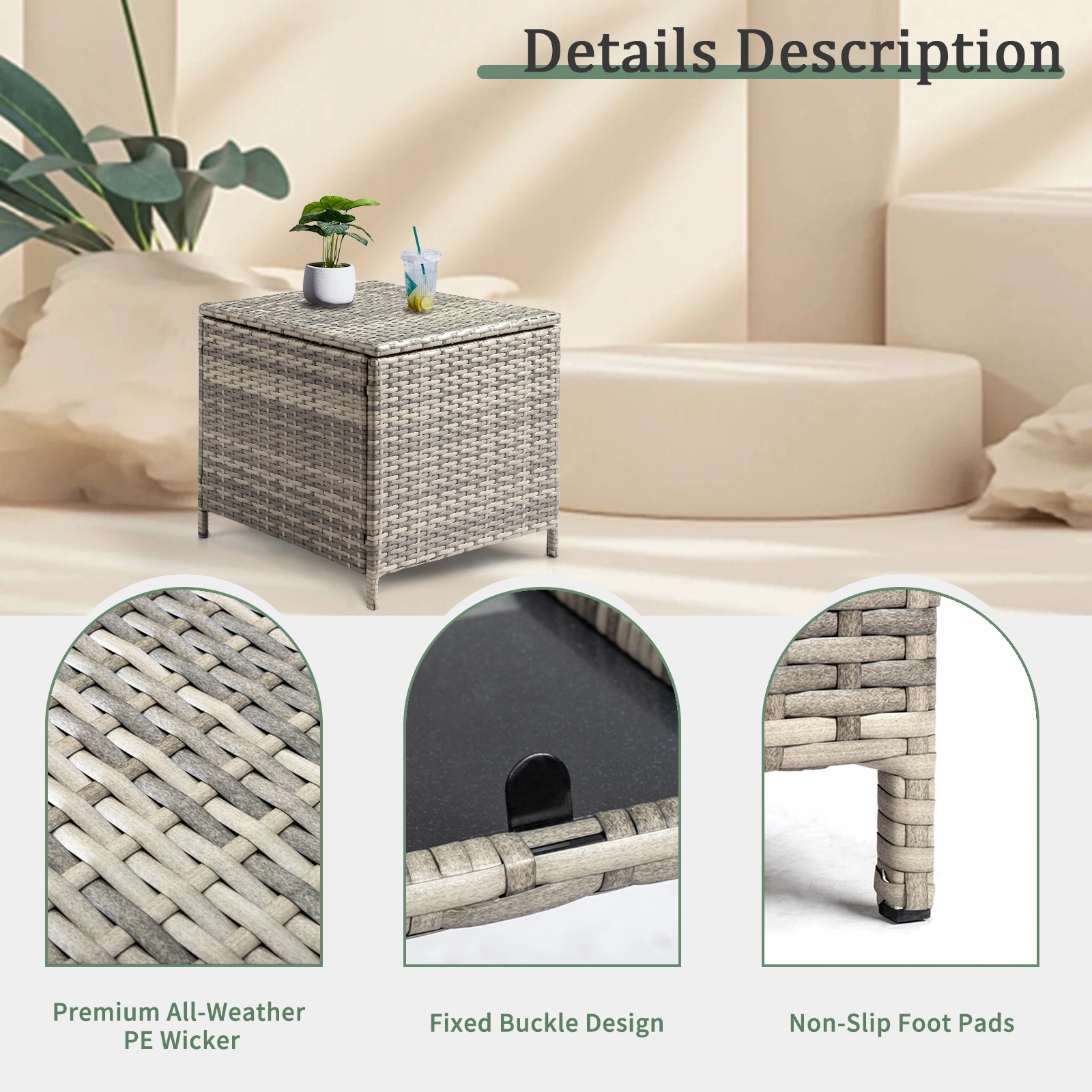 Grey PE Wicker Side Table with Storage, Outdoor Patio Rattan End Table Square view 9