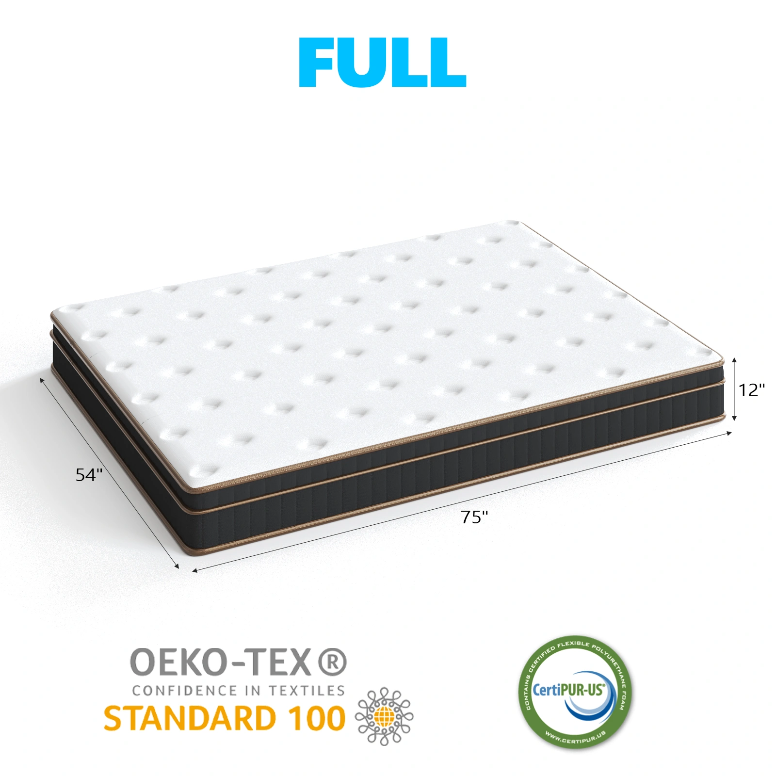 12 Inch Full Innerspring Mattress, Medium Firm Support, Cooling Breathable with Black Gold Trim, White Cover for Bedroom