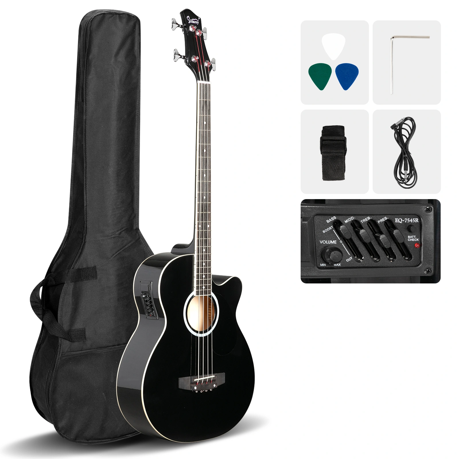 GMB101 4-String Electric Acoustic Bass Guitar, 4-Band EQ, Black - Includes EQ-7545R Preamp System