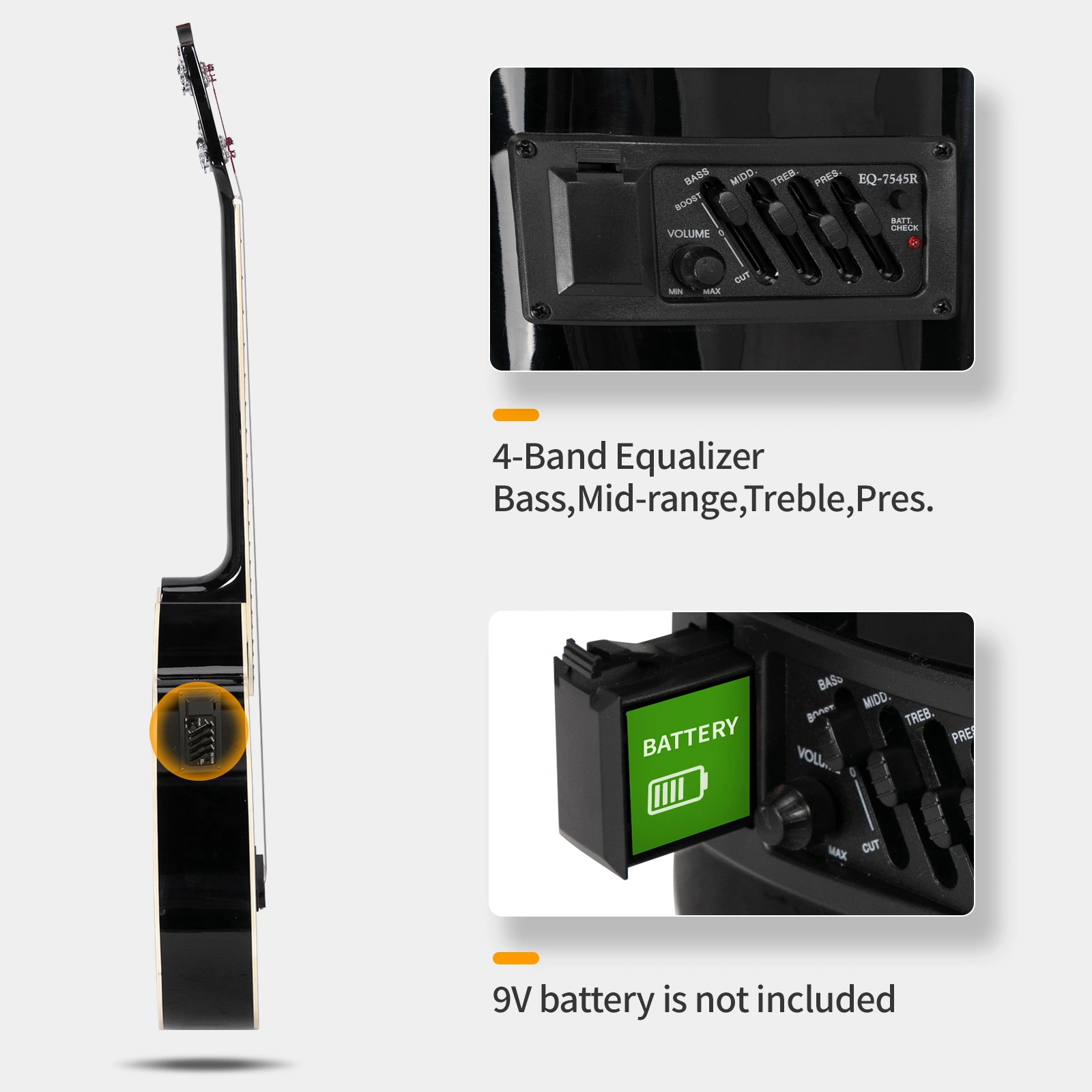 GMB101 4-String Electric Acoustic Bass Guitar, 4-Band EQ, Black - Includes EQ-7545R Preamp System view 7