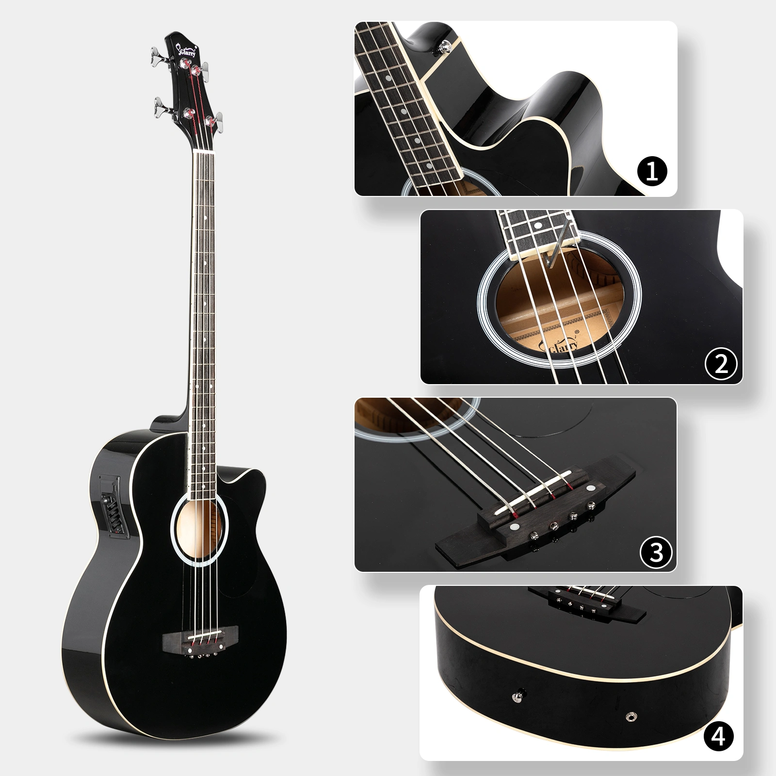 GMB101 4-String Electric Acoustic Bass Guitar, 4-Band EQ, Black - Includes EQ-7545R Preamp System view 9