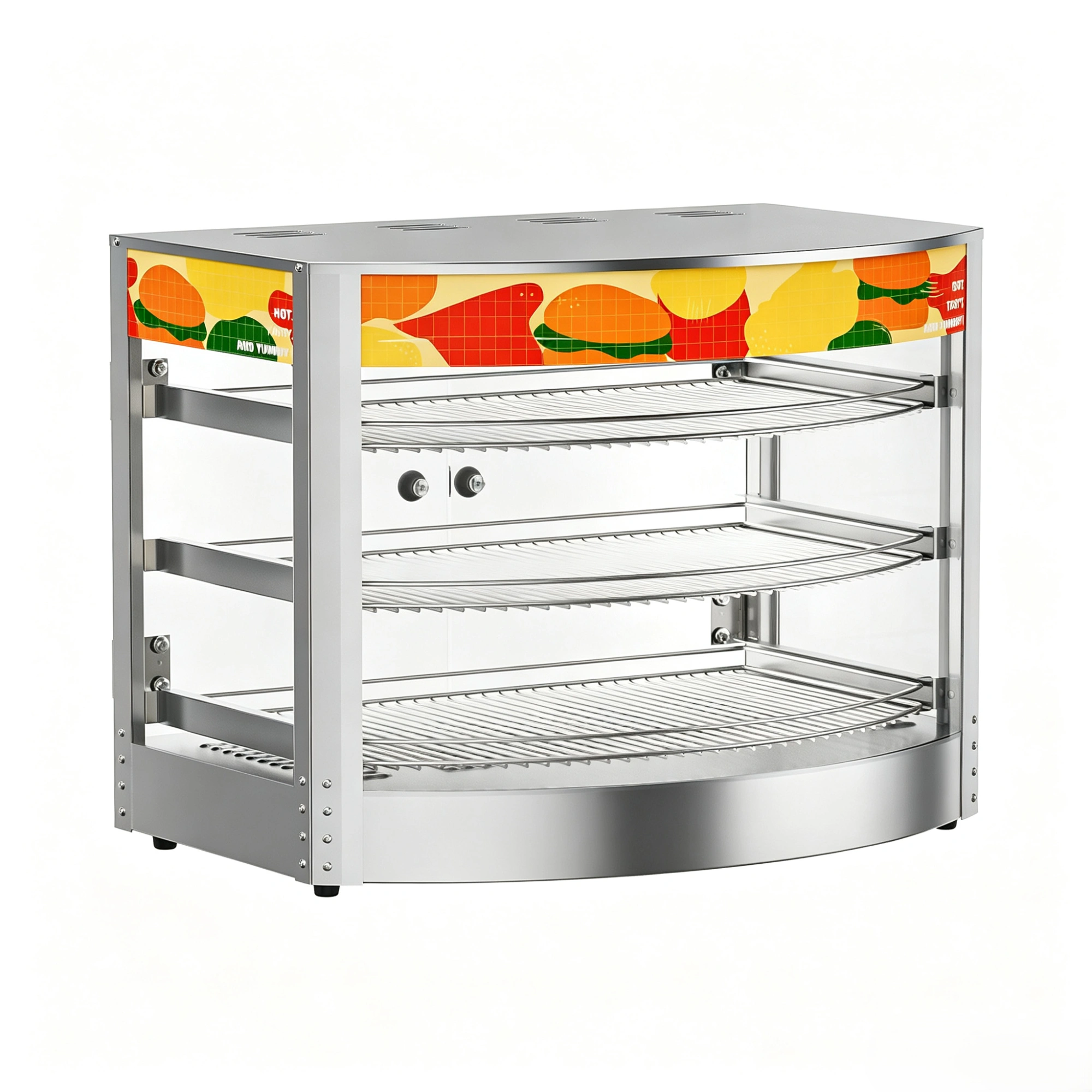 Commercial Food Warmer Cabinet 3 Tier Stainless Steel Heated Display Curved Tempered Glass Silver