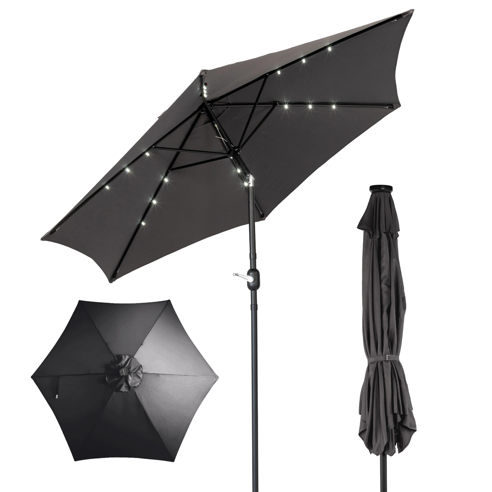 Solar LED Patio Umbrella 9ft with Crank & Push-Button Tilt, 6-Rib Waterproof Polyester Market Umbrella for Outdoor Table, Garden, Pool - Gray