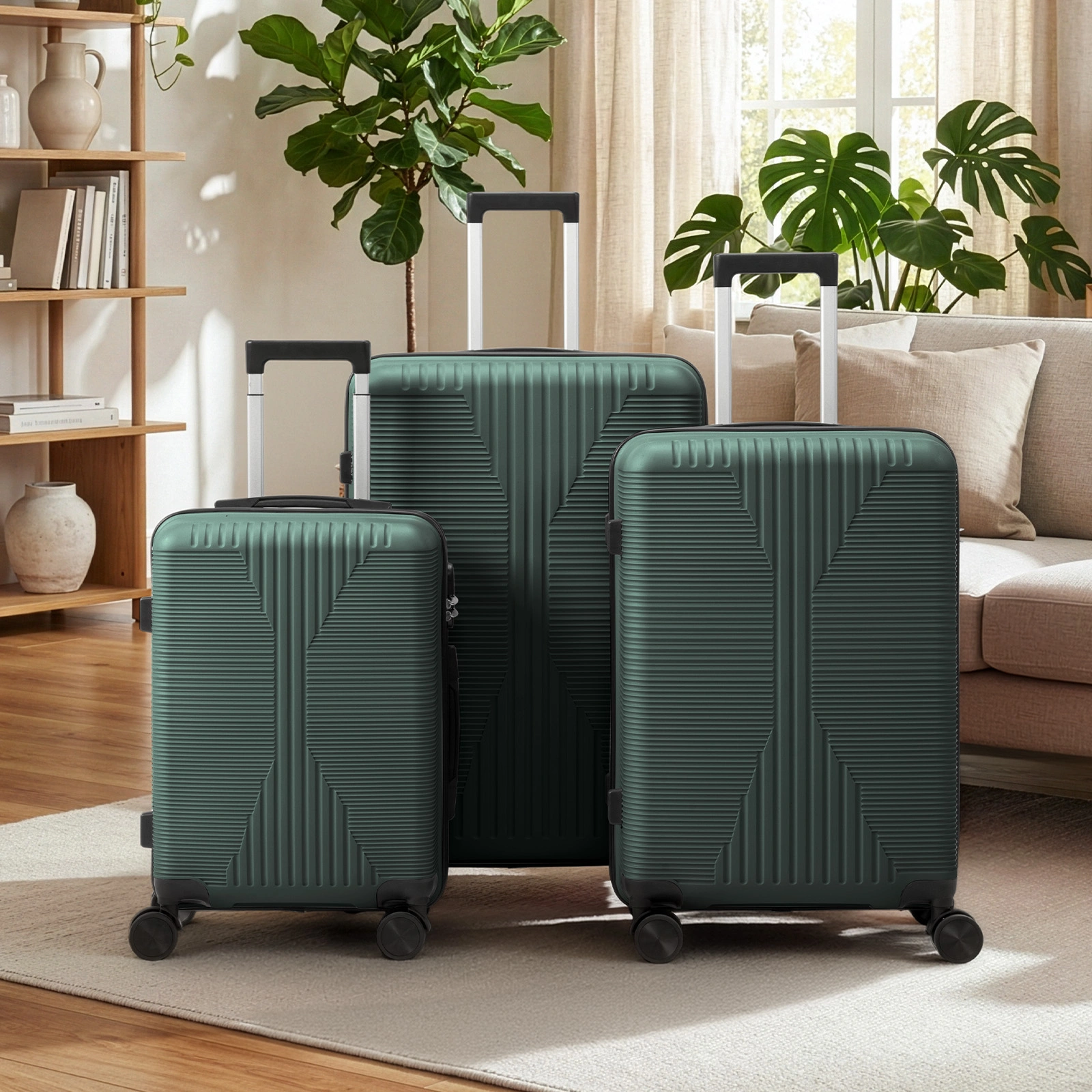 3 Piece PP Trolley Suitcase Set 20 24 28 Inch Luggage with Spinner Wheels, Dark Green