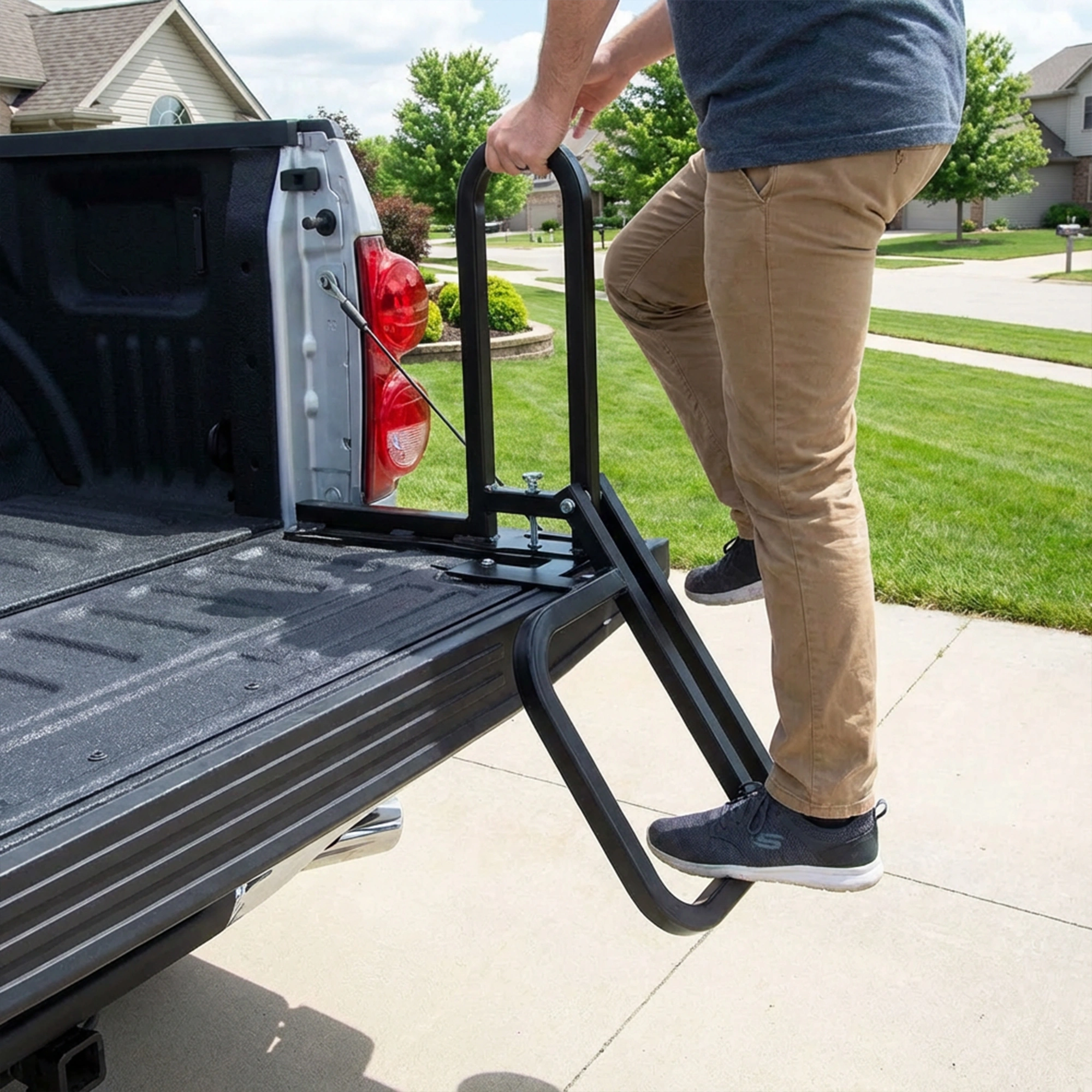 Foldable Truck Tailgate Ladder 300lbs Load Capacity Universal Fit Hex Bolt Mount