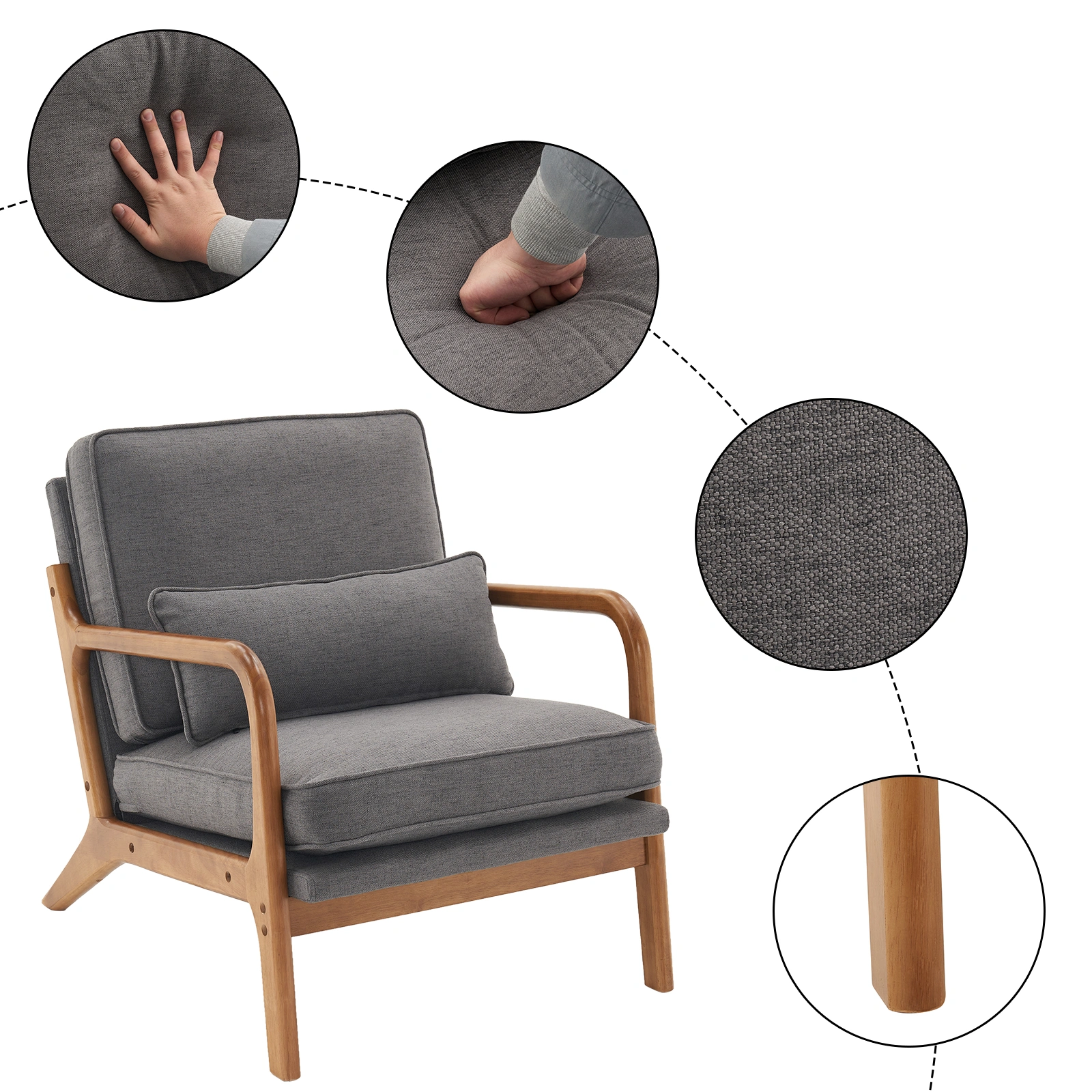 Dark Grey Oak Armrest Upholstered Single Lounge Chair, Indoor Accent Chair view 2