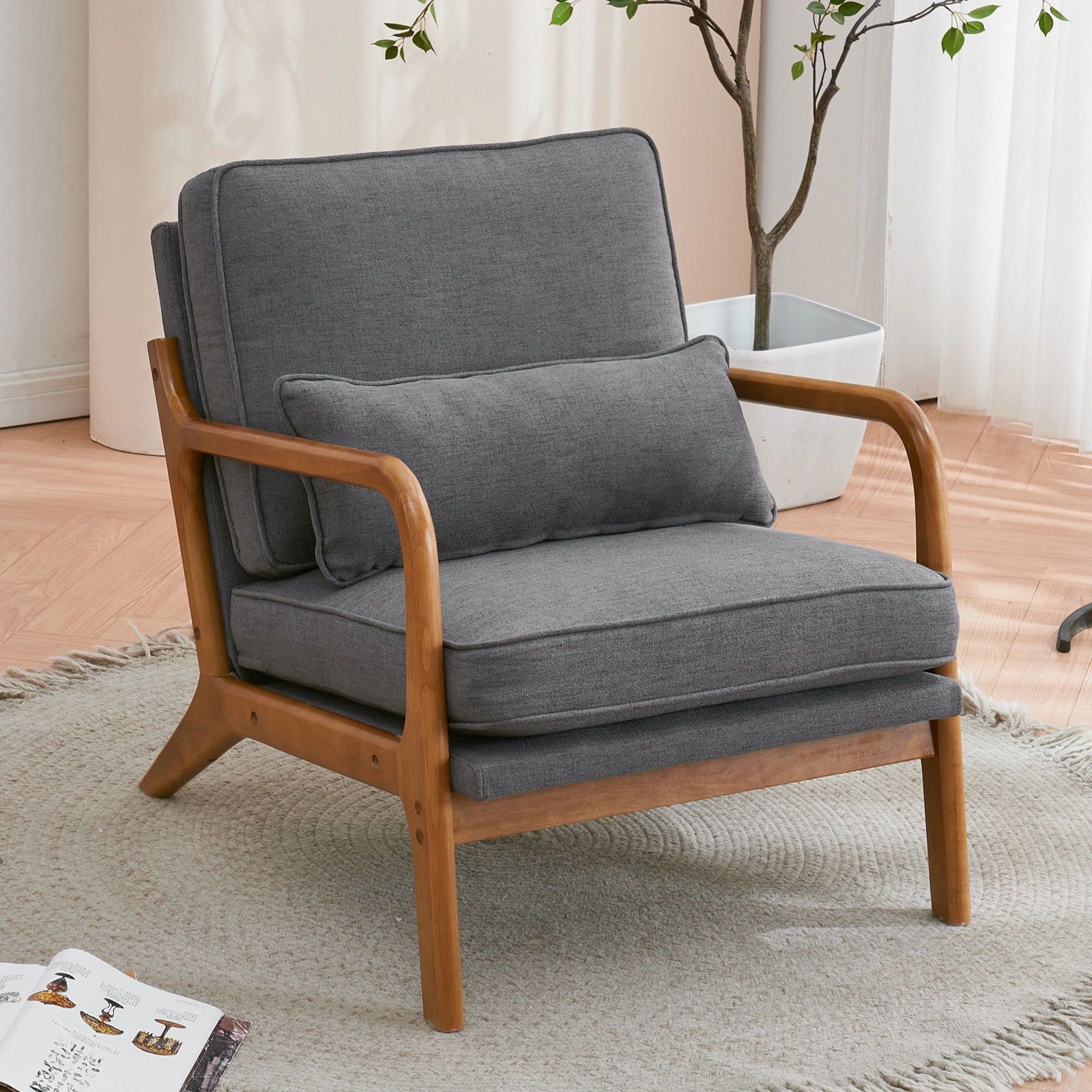 Dark Grey Oak Armrest Upholstered Single Lounge Chair, Indoor Accent Chair view 25