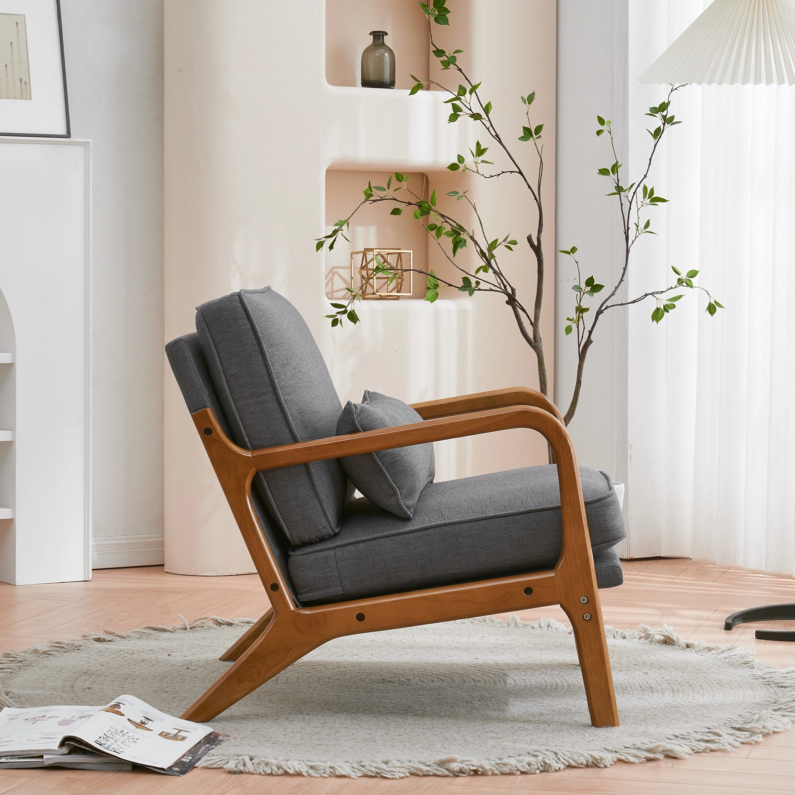Dark Grey Oak Armrest Upholstered Single Lounge Chair, Indoor Accent Chair view 29