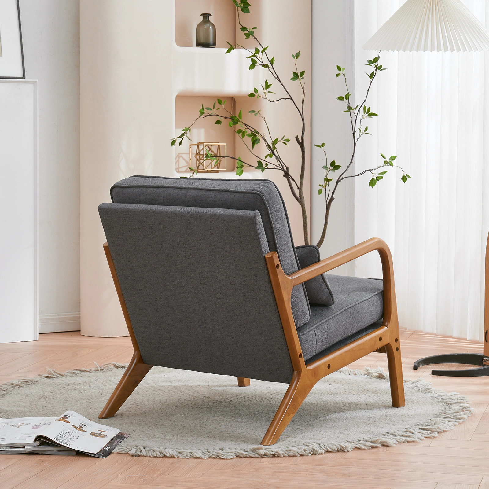 Dark Grey Oak Armrest Upholstered Single Lounge Chair, Indoor Accent Chair view 30
