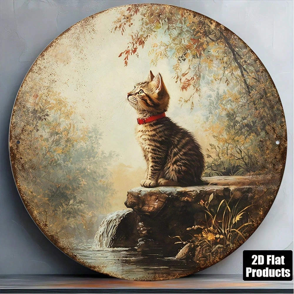 Vintage Tabby Cat Wall Art, Round Metal Wall Plaque with Waterfall Stream Design, Rustic Kitten Decor for Home Living Room