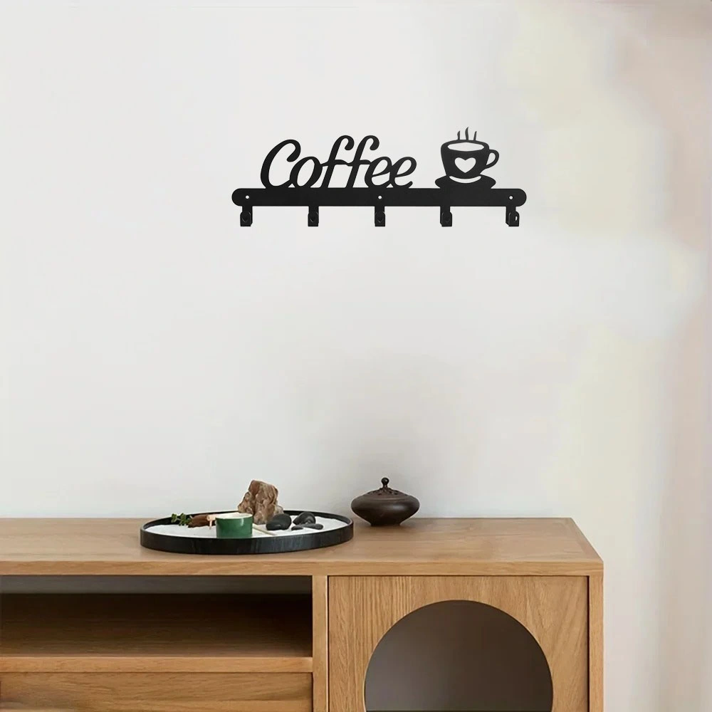 Wall Mounted Metal Coffee Cup Rack Multi-Hook Kitchen Living Room Organizer Shelf Holder