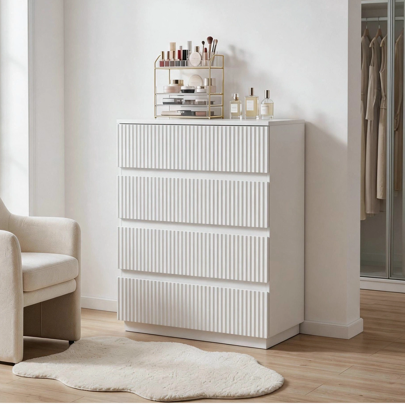 Handleless 4 Drawer Bedside Table White - Bedroom Dresser with Thermoformed Drawers, P2 Particleboard MDF Melamine Veneer, 23.62 x 14.96 x 30.71 Inches