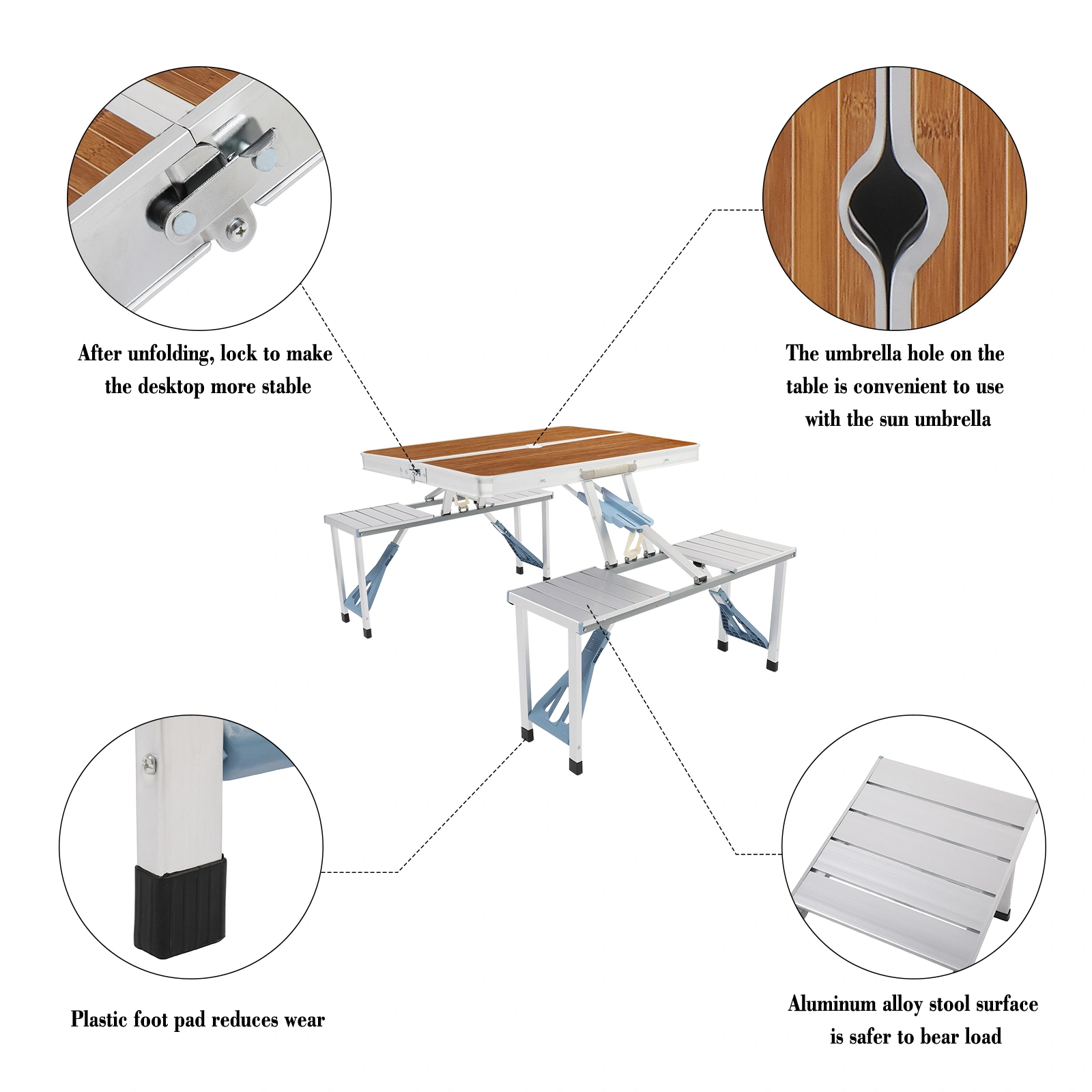 Aluminum Alloy Camping Table and Chairs Set, 136x85.5x67cm, Wood Grain Finish, 50kg Capacity, Portable One-Piece Outdoor Furniture view 24