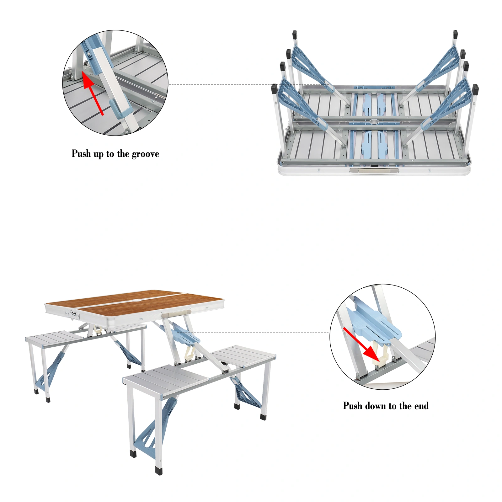 Aluminum Alloy Camping Table and Chairs Set, 136x85.5x67cm, Wood Grain Finish, 50kg Capacity, Portable One-Piece Outdoor Furniture view 27