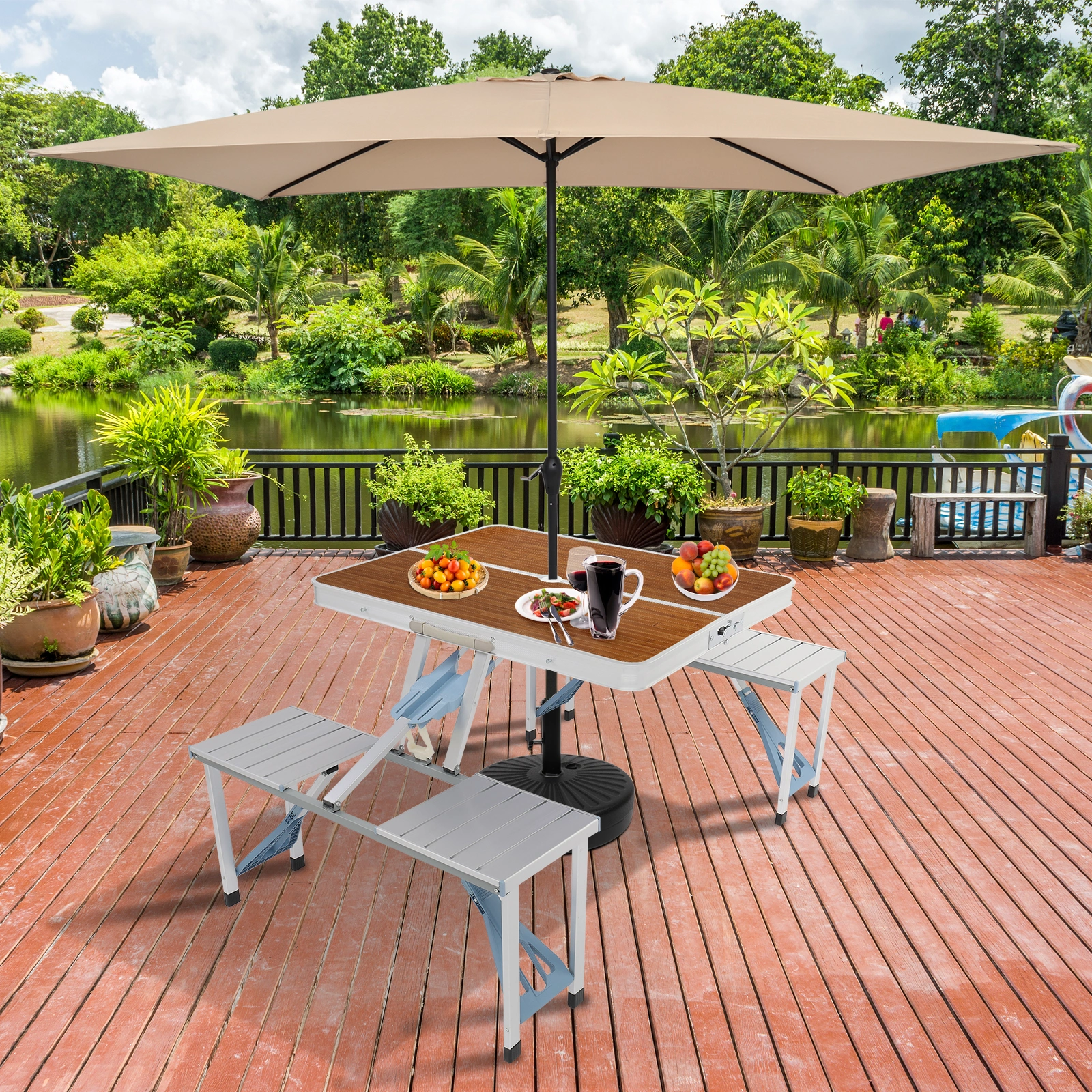 Aluminum Alloy Camping Table and Chairs Set, 136x85.5x67cm, Wood Grain Finish, 50kg Capacity, Portable One-Piece Outdoor Furniture view 5
