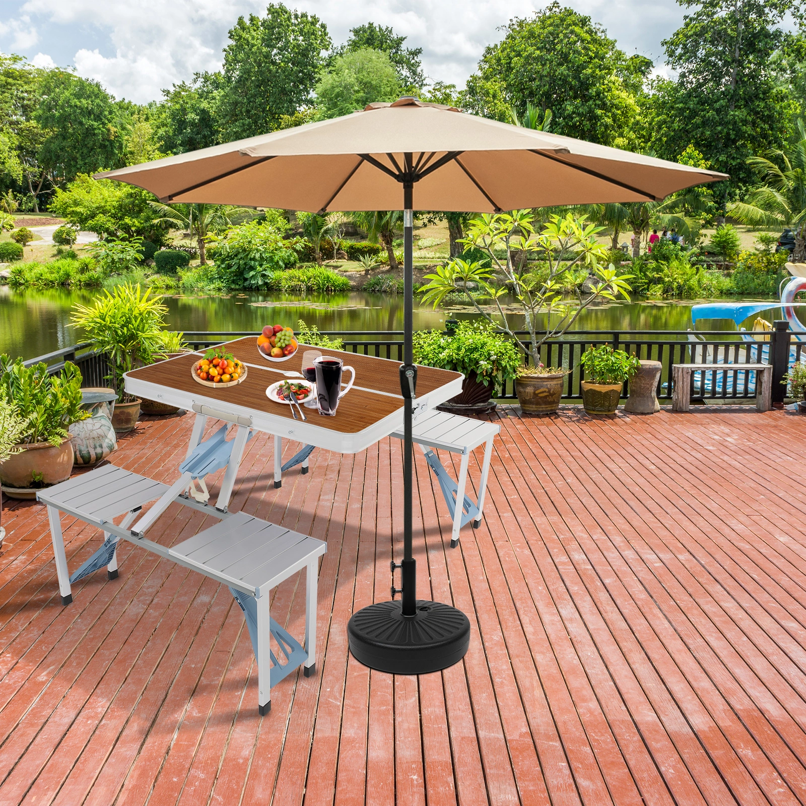 Aluminum Alloy Camping Table and Chairs Set, 136x85.5x67cm, Wood Grain Finish, 50kg Capacity, Portable One-Piece Outdoor Furniture view 6