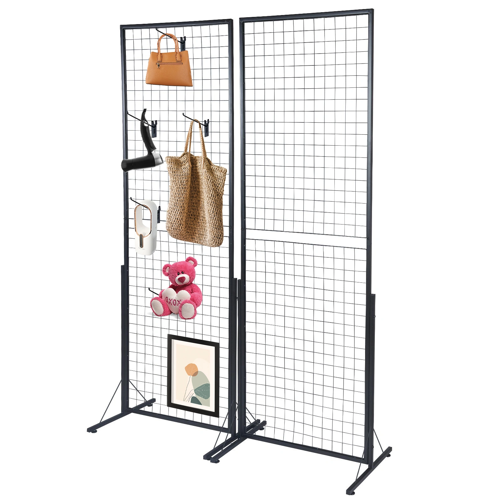 2-Pack 24"x67" Commercial Grid Wall Display with T-Base Stand Double-Sided Wire Panel Includes Hooks & Clips