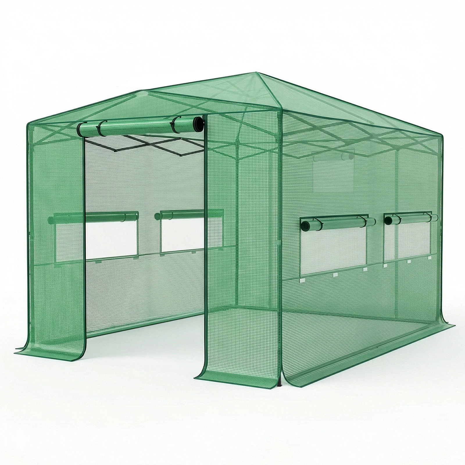 8x12ft Green Foldable Greenhouse, PE Mesh Cover with Plastic Coated Iron Pipe Frame