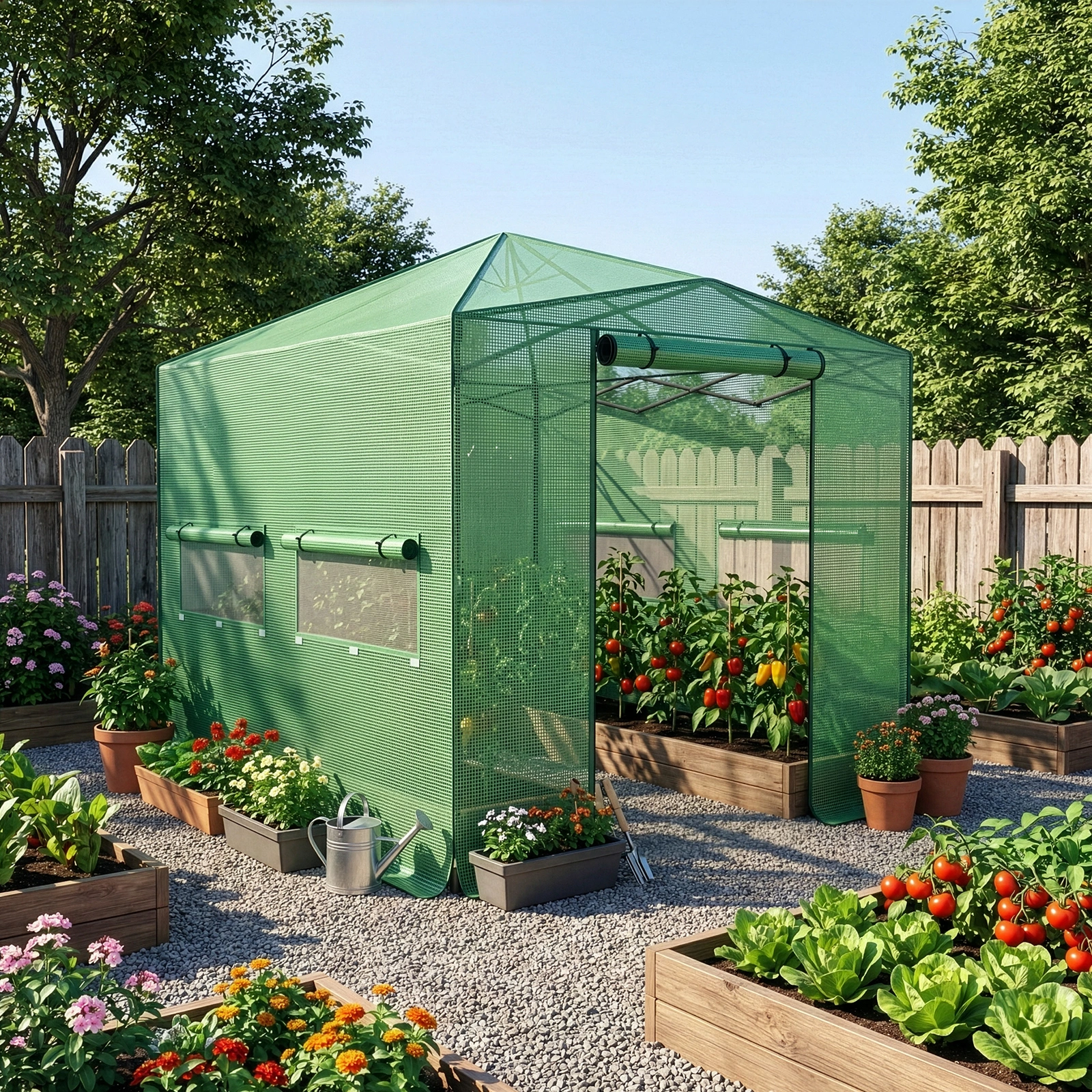 8x12ft Green Foldable Greenhouse, PE Mesh Cover with Plastic Coated Iron Pipe Frame view 5