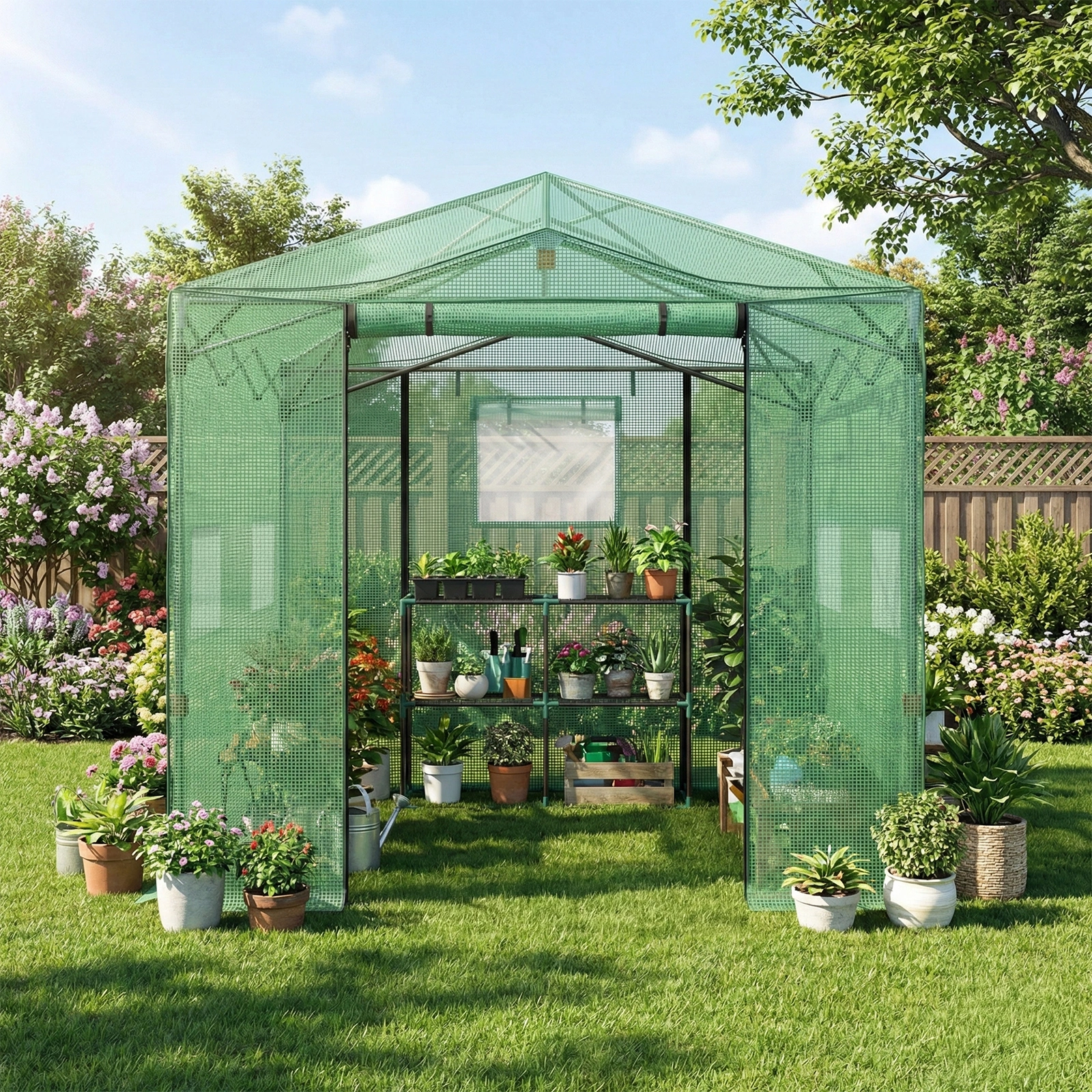 8x12ft Green Foldable Greenhouse, PE Mesh Cover with Plastic Coated Iron Pipe Frame view 8