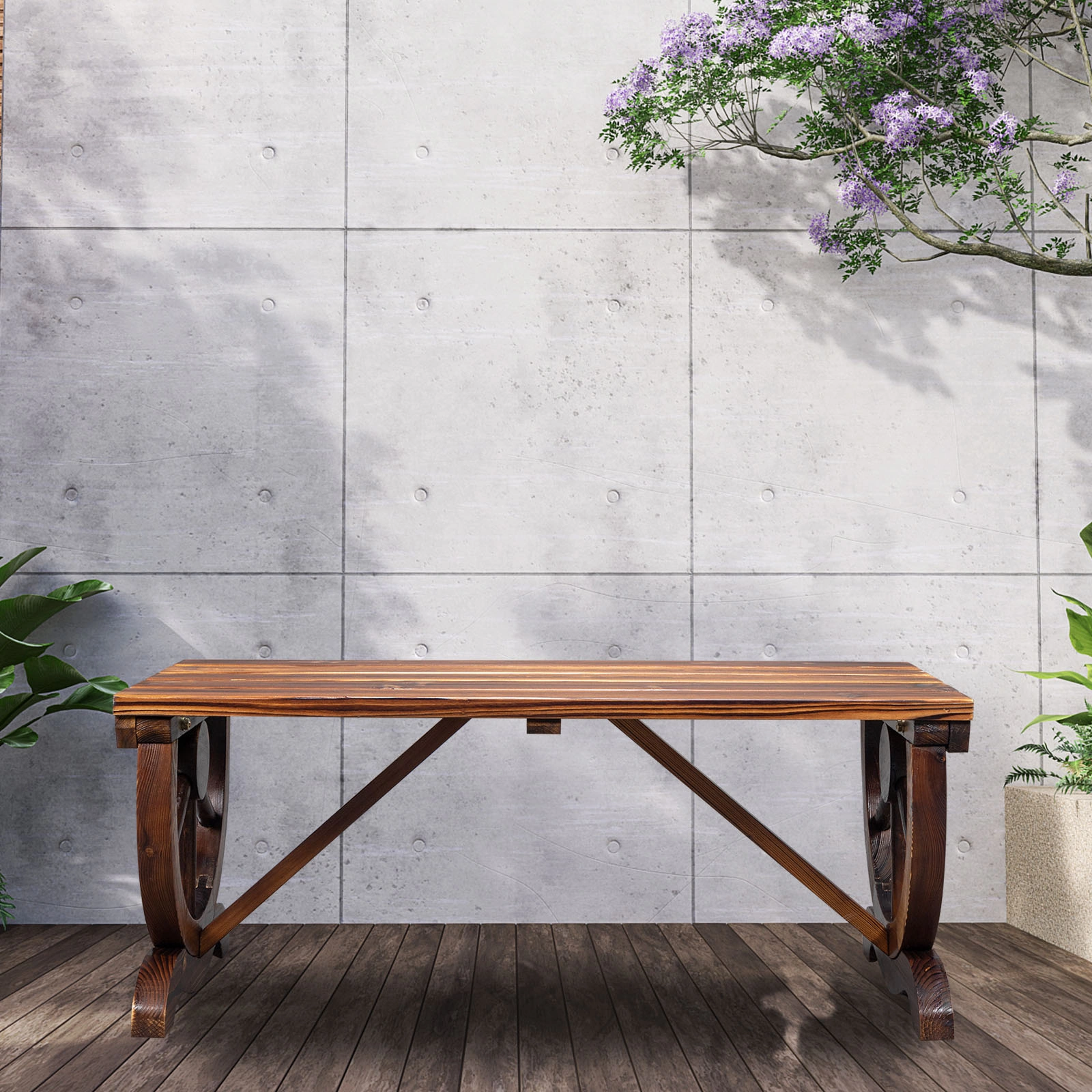 2-Person Rustic Garden Bench, Outdoor Wagon Wheel Porch Bench for Backyard Patio, Brown view 10