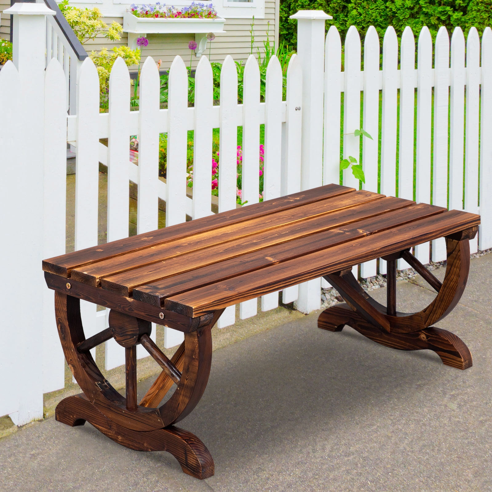 2-Person Rustic Garden Bench, Outdoor Wagon Wheel Porch Bench for Backyard Patio, Brown view 18
