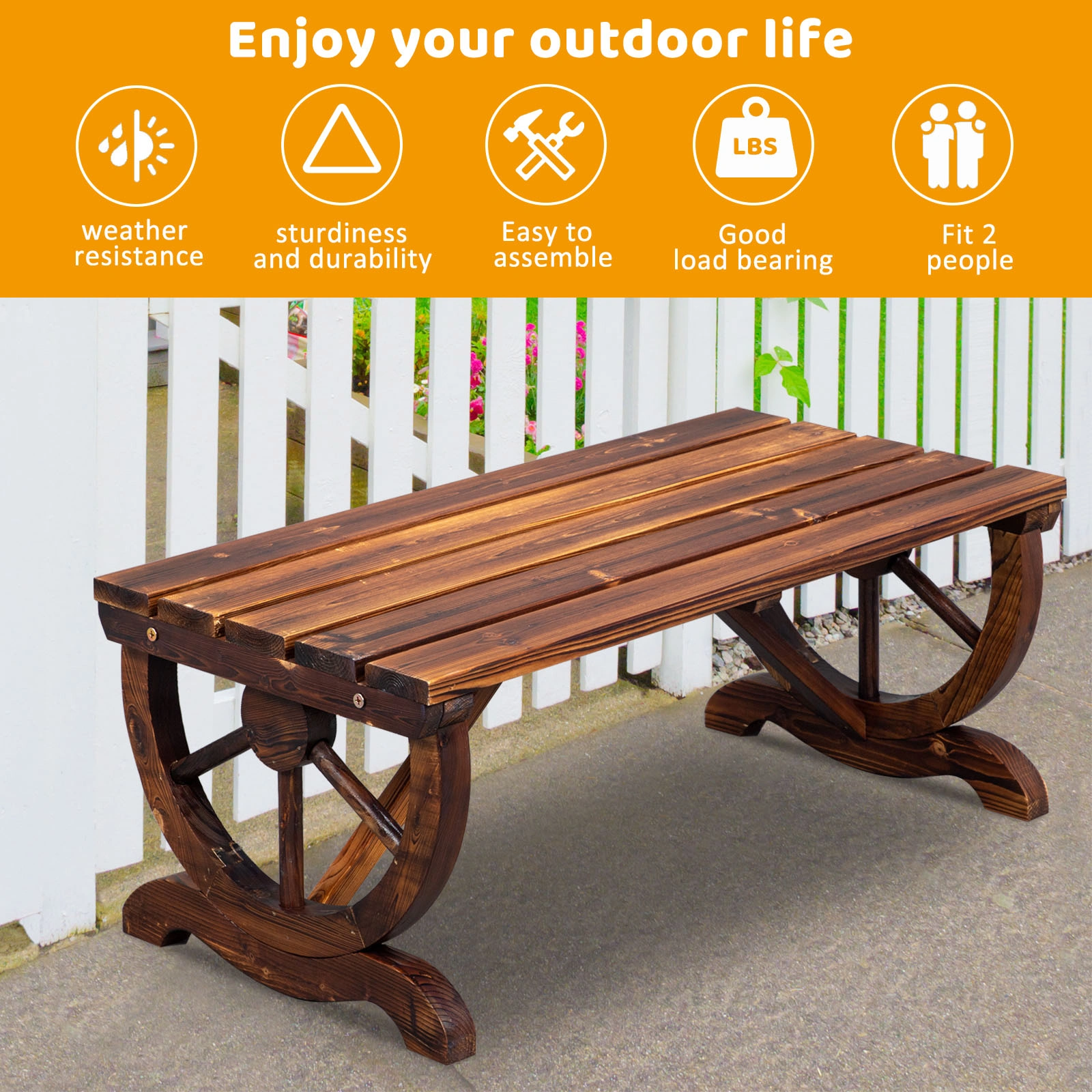 2-Person Rustic Garden Bench, Outdoor Wagon Wheel Porch Bench for Backyard Patio, Brown view 2