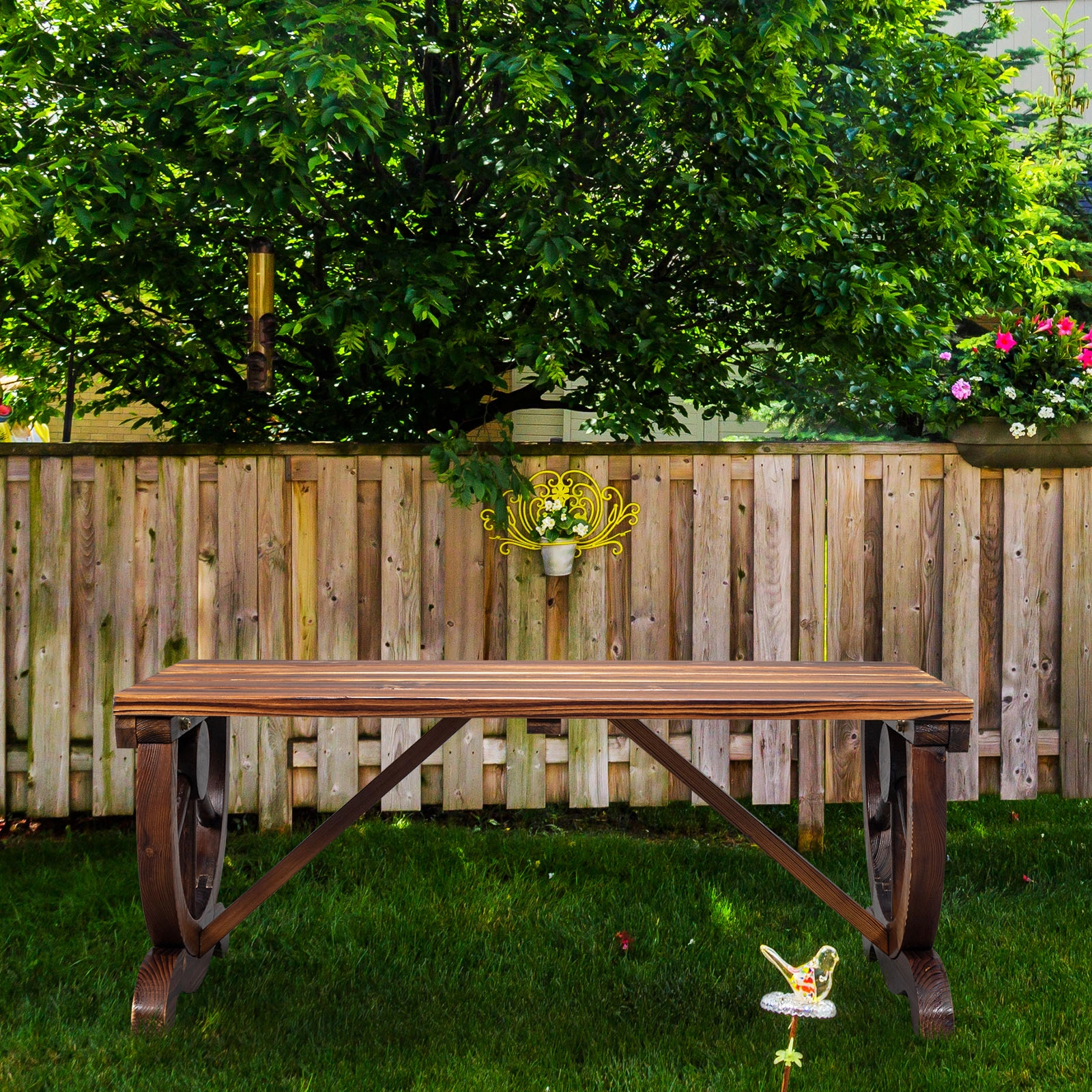2-Person Rustic Garden Bench, Outdoor Wagon Wheel Porch Bench for Backyard Patio, Brown view 3