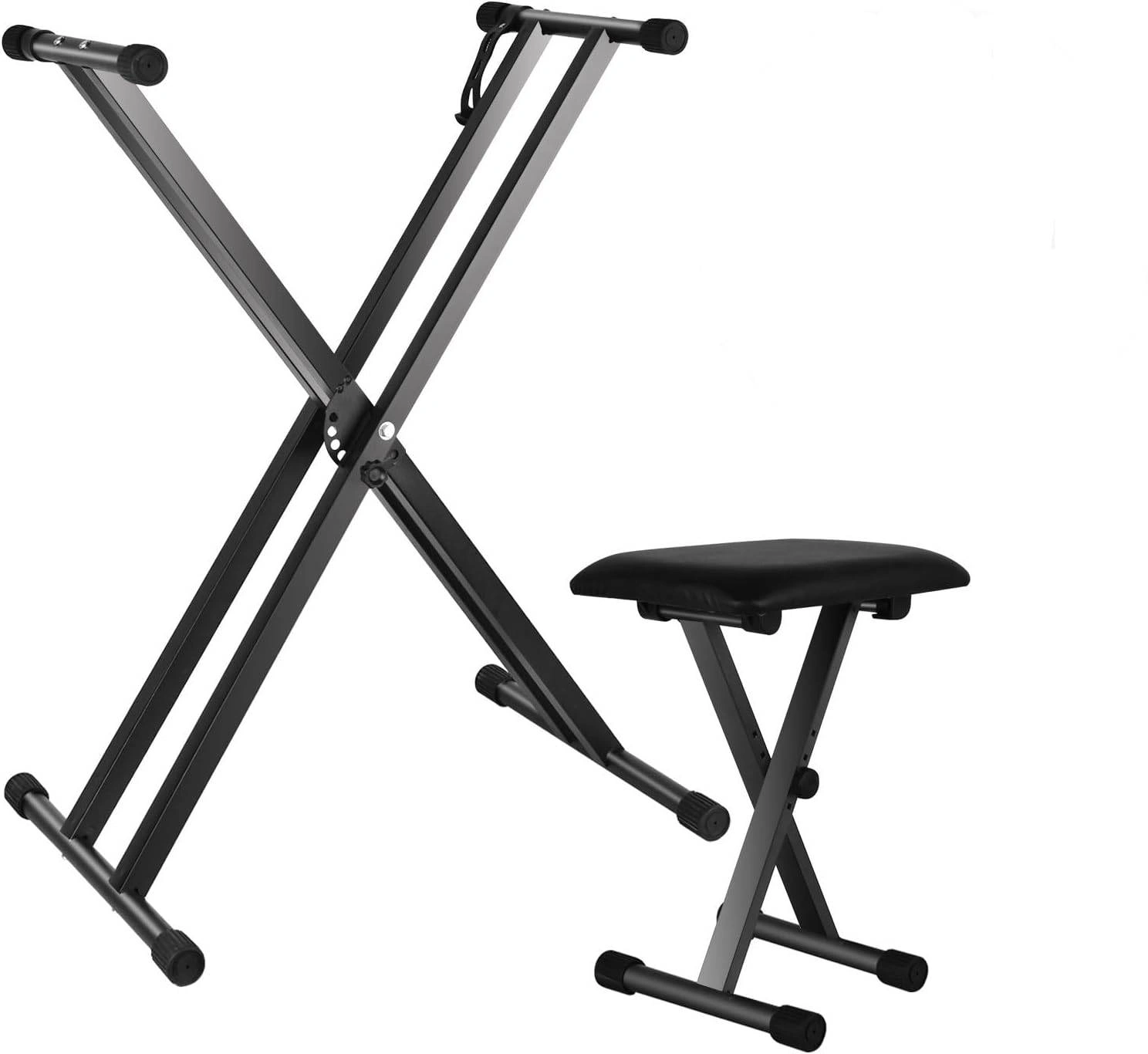 Dual-Tube X-Shape Keyboard Stand & Adjustable Folding Piano Bench Stool Seat, Black