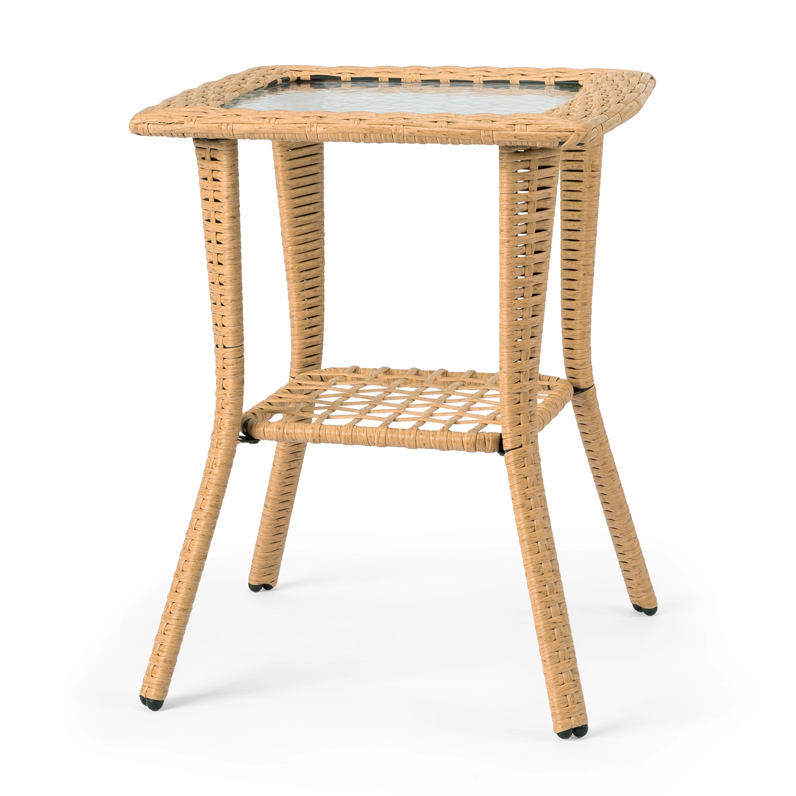 Outdoor Wicker Side Table with Glass Top, Rattan End Table for Patio Garden Porch Balcony, Beige