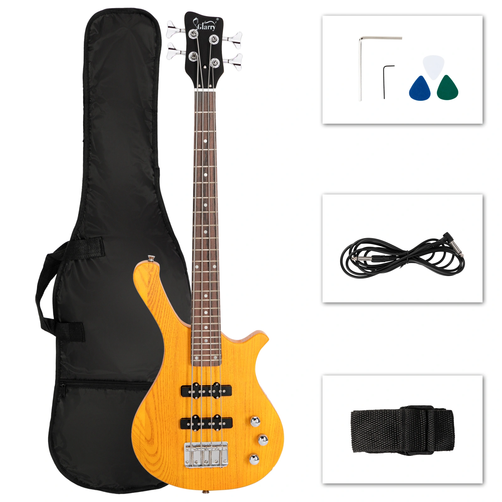 GW101 36in Electric Bass Guitar Transparent Yellow Mahogany Body SS Pickups with Gig Bag Strap Cable