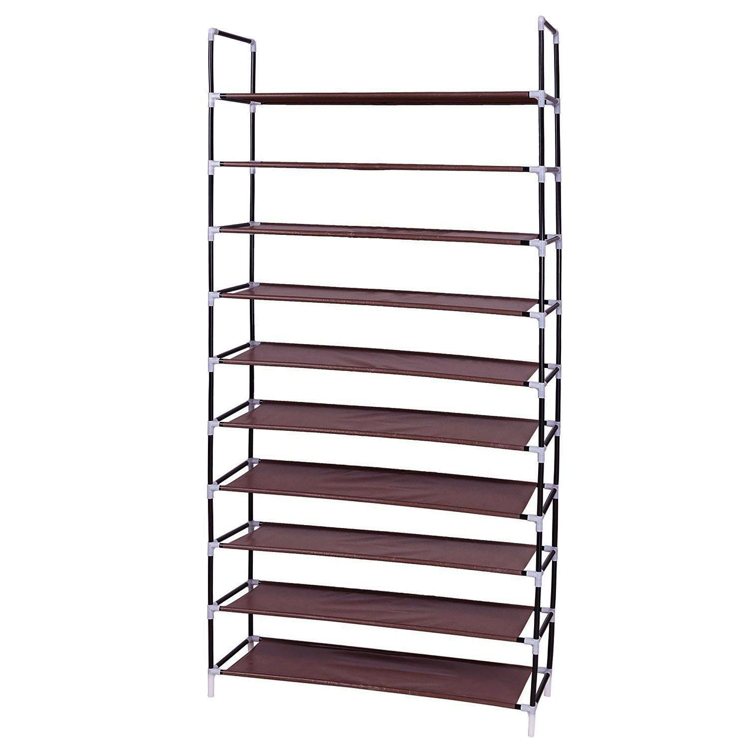 Simple Assembly 10-Tier Non-Woven Fabric Shoe Rack with Carry Handle Dark Brown