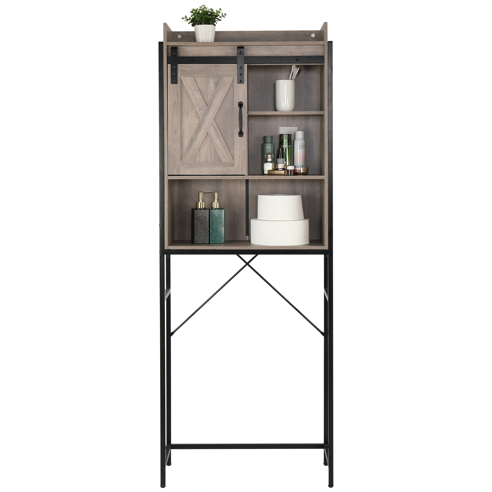 Retro MDF Bathroom Cabinet with Iron Frame Sliding Door - Three-Layer Storage Rack view 2