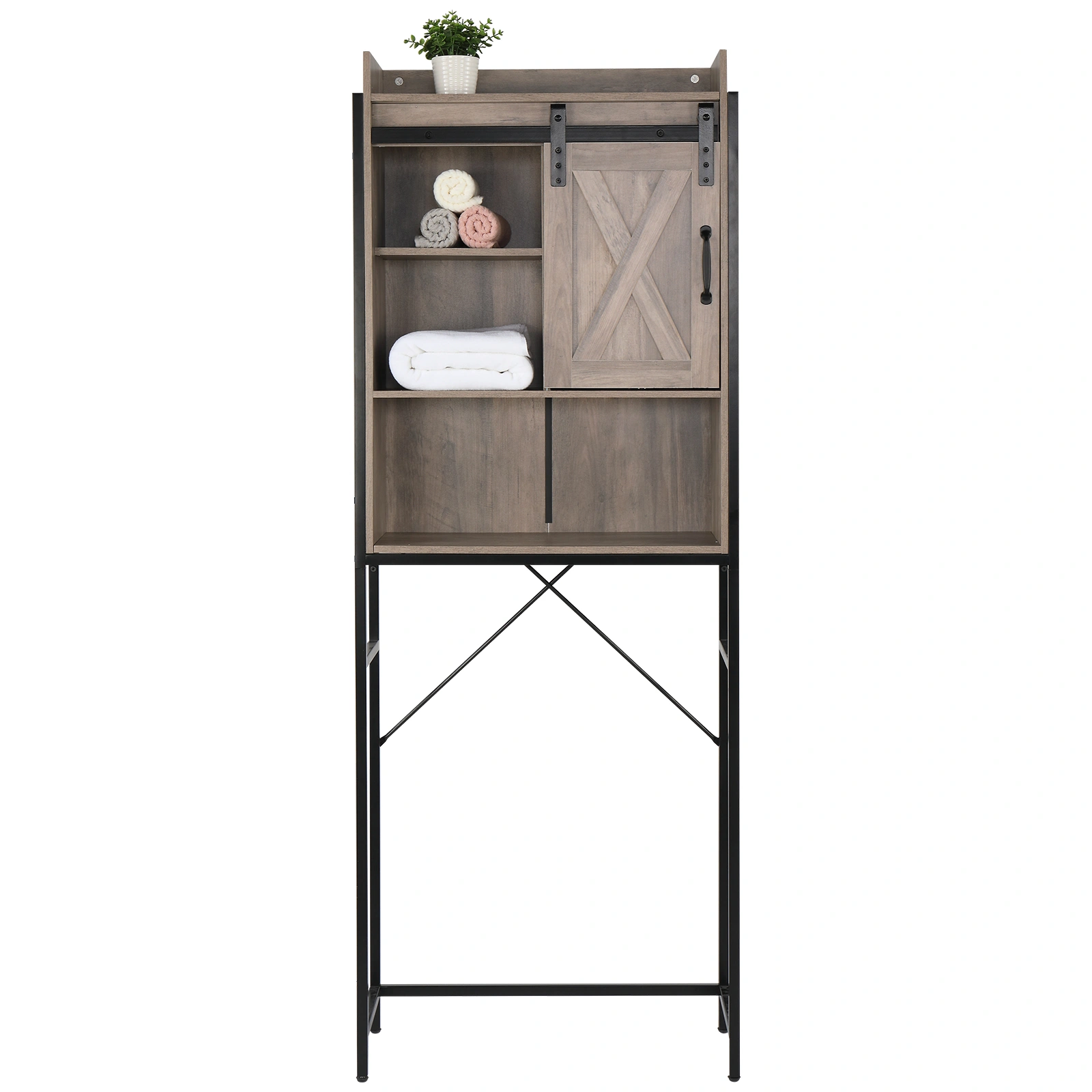 Retro MDF Bathroom Cabinet with Iron Frame Sliding Door - Three-Layer Storage Rack view 3