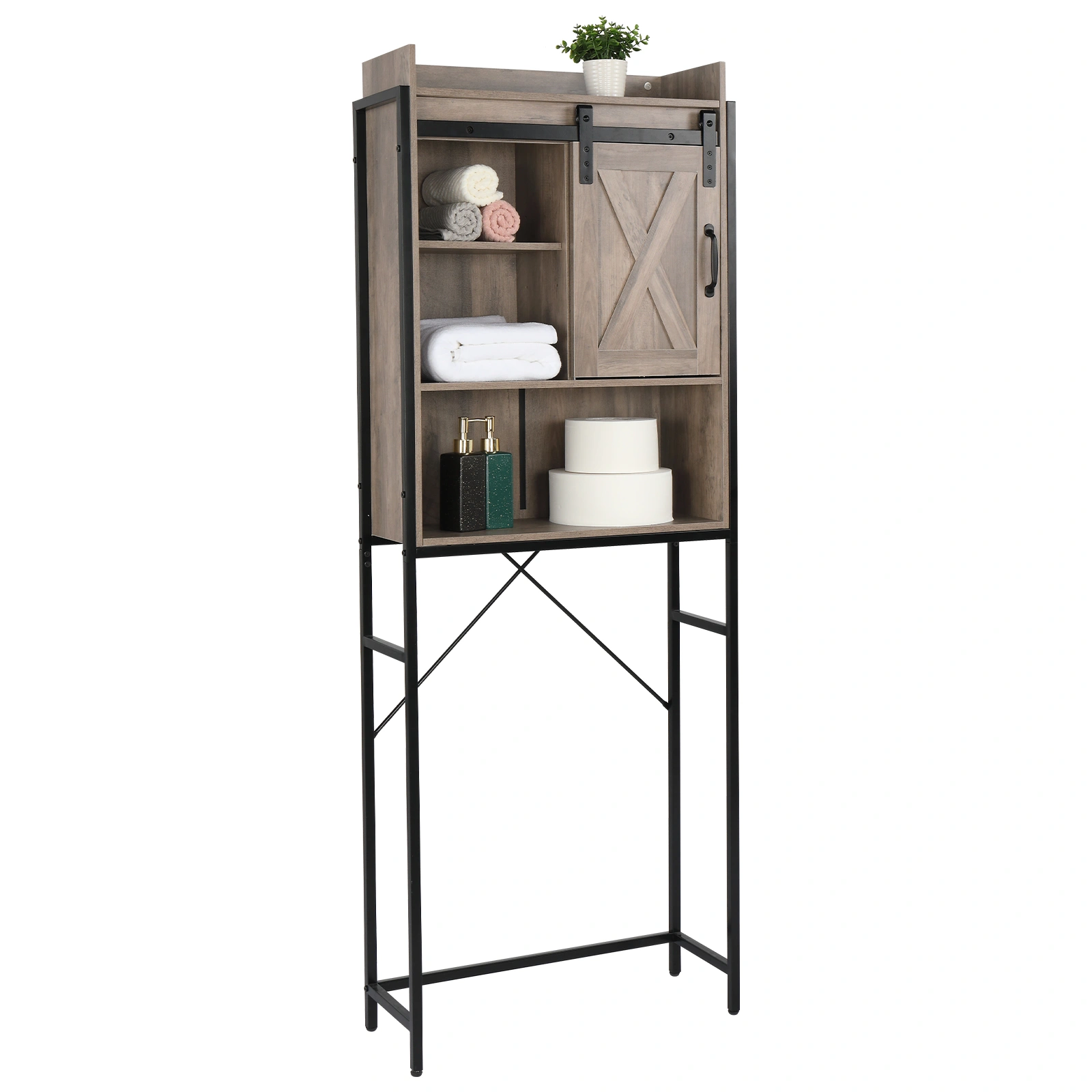 Retro MDF Bathroom Cabinet with Iron Frame Sliding Door - Three-Layer Storage Rack view 4