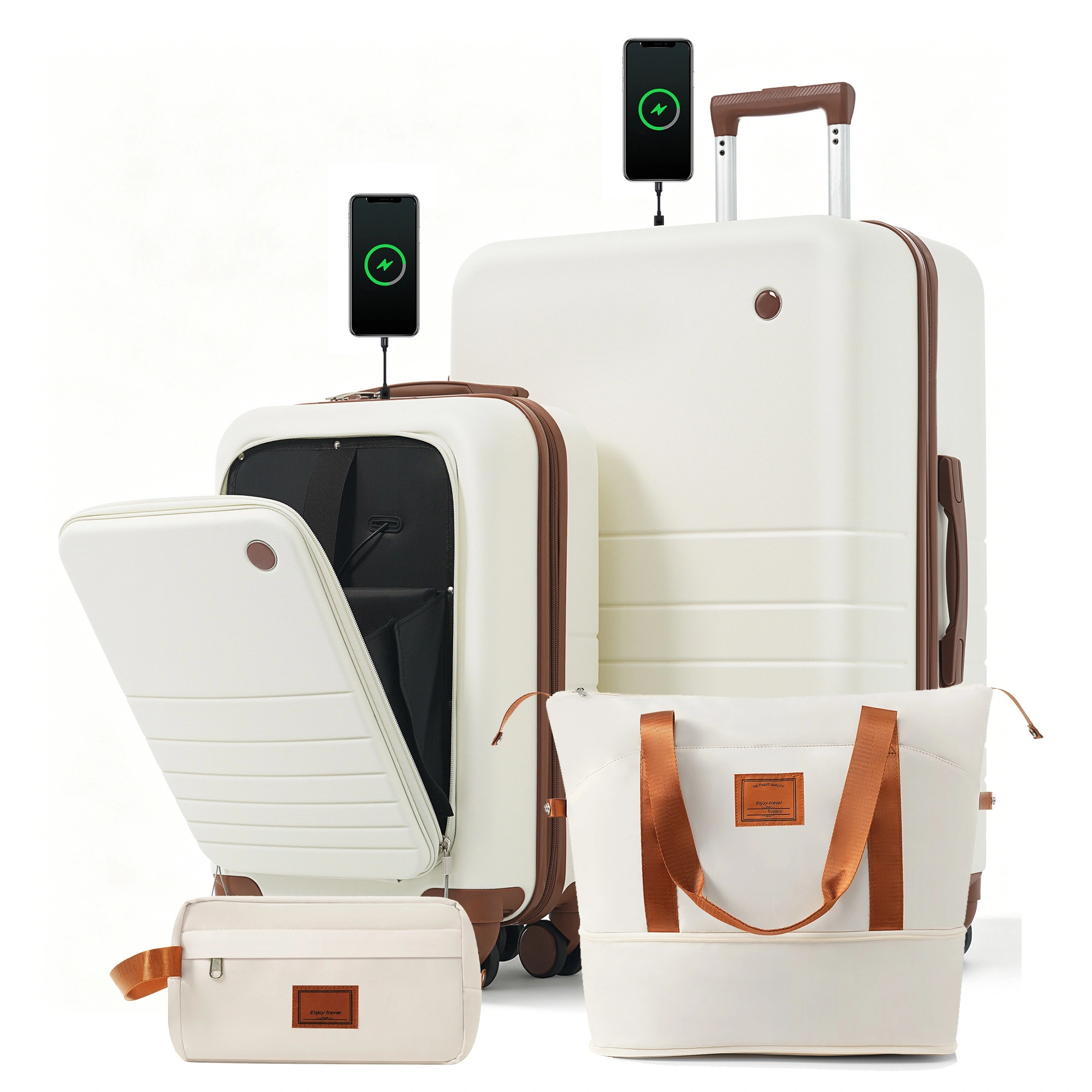 4-Piece Luggage Set with USB Charging Port | 20in Carry-On Front-Opening Laptop Bag + 28in Checked Suitcase w/TSA Lock, Travel Duffel & Wet-Dry Toiletry, Ivory & Brown