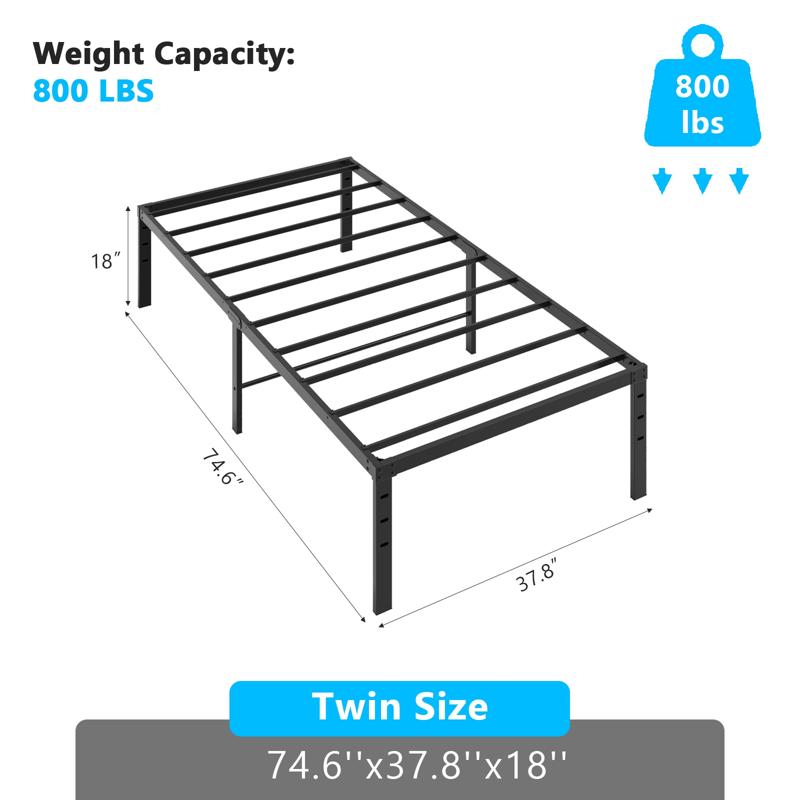 Black Twin Size Metal Platform Bed Frame, 18" Bed Height, Simple Sturdy Design, No Box Spring Needed