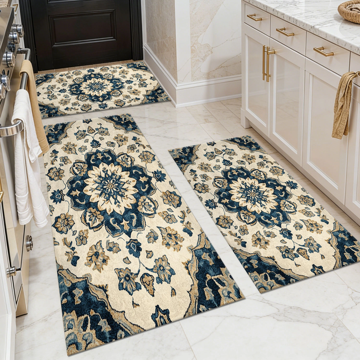 3-Piece Kitchen Rug Set - Non-Slip Washable Abstract Floor Mat for Sink, Hallway, Bathroom Entrance, Soft Comfortable Kitchen Runner Rug