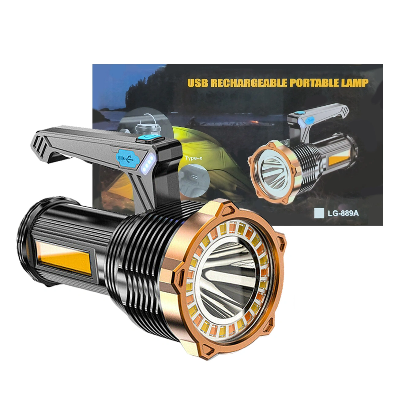 USB Rechargeable LED Flashlight 8-Mode Searchlight Work Light Torch for Camping Hiking Outdoor